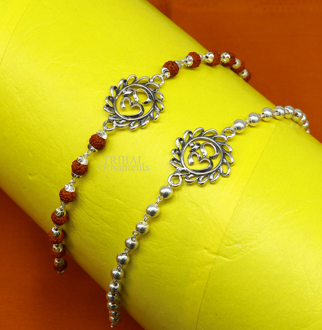 Divine Aum or OM rakhi 925 Sterling silver Rakhi bracelet Rrudrakha and silver beads best gift for your brother's for special gifting rk200 - TRIBAL ORNAMENTS