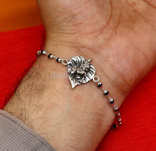 Amazing Krishna Laddu Gopala Rakhi 925 sterling silver handmade Rakhi bracelet, amazing black Tulsi beaded and silver bracelet rk205 - TRIBAL ORNAMENTS