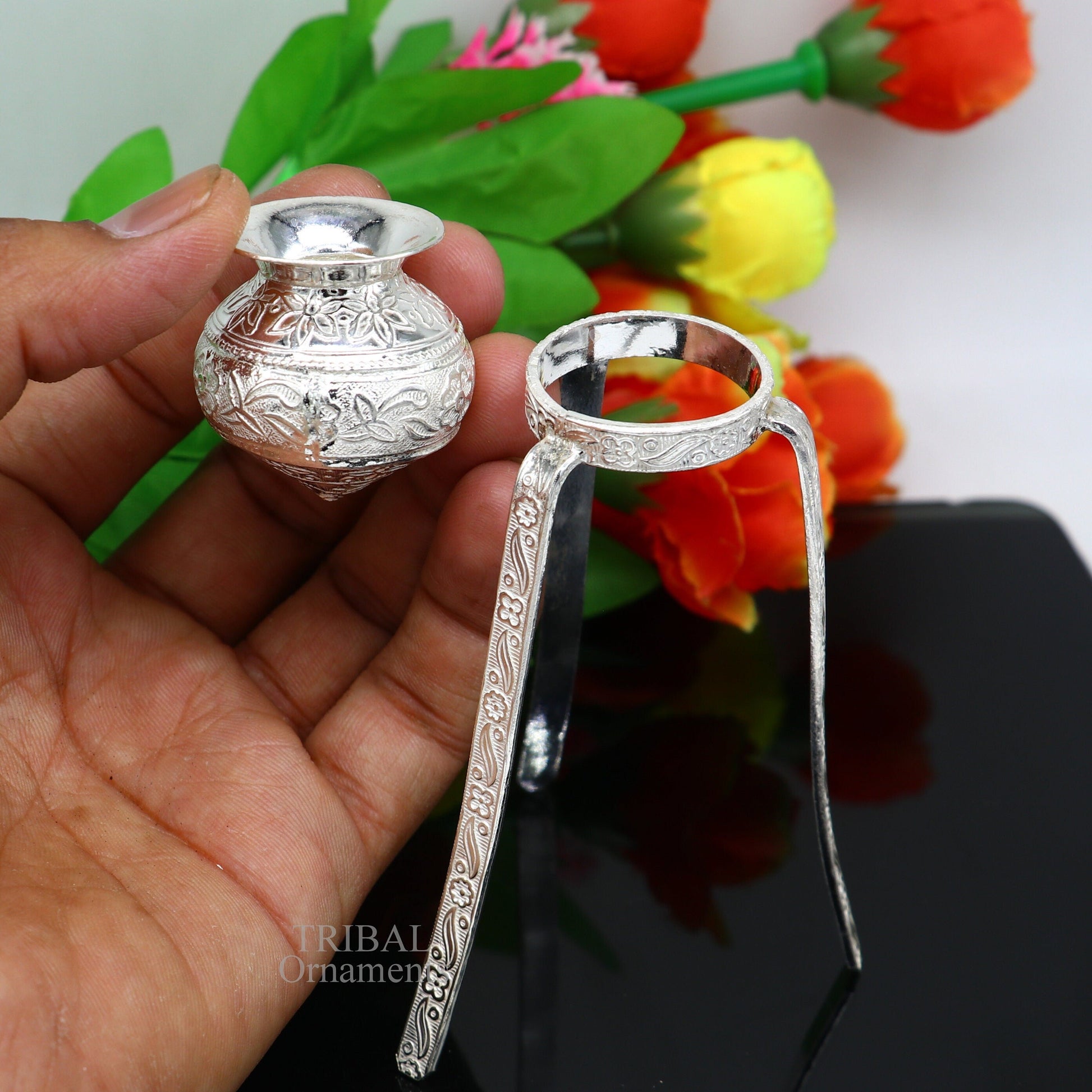 925 sterling silver handmade God shiva lingam water flow pot or puja kalas for Abhishek of lingam, best worshipping article from india su734 - TRIBAL ORNAMENTS