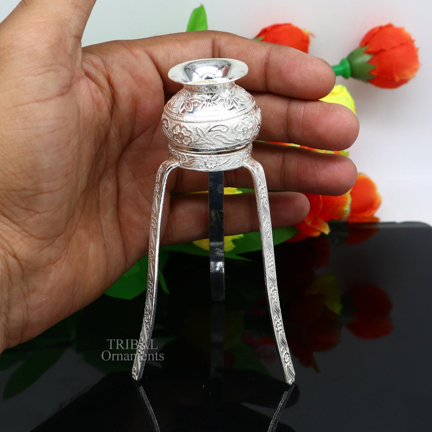 925 sterling silver handmade God shiva lingam water flow pot or puja kalas for Abhishek of lingam, best worshipping article from india su734 - TRIBAL ORNAMENTS