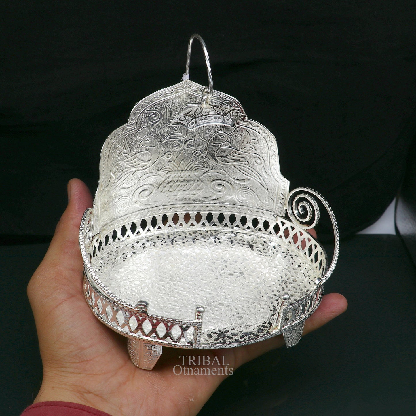 925 pure sterling silver handcrafted small sinhasan, idol krishna Bal Gopala throne, god statue's stand chair, temple art puja article su709 - TRIBAL ORNAMENTS
