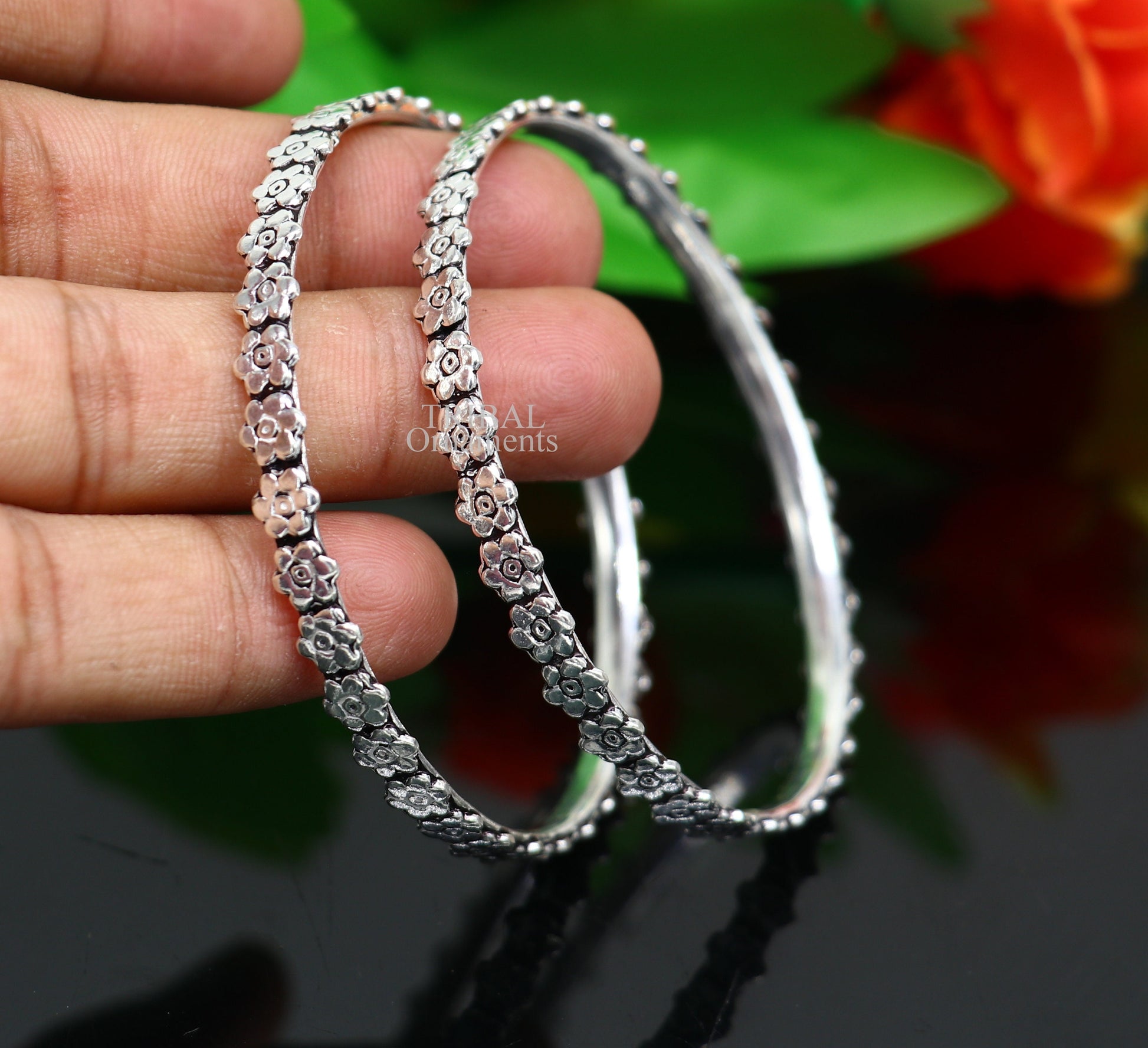 925 sterling silver handmade floral design fabulous bangle bracelet, best brides silver jewelry gifting girl's bangles nba331 - TRIBAL ORNAMENTS