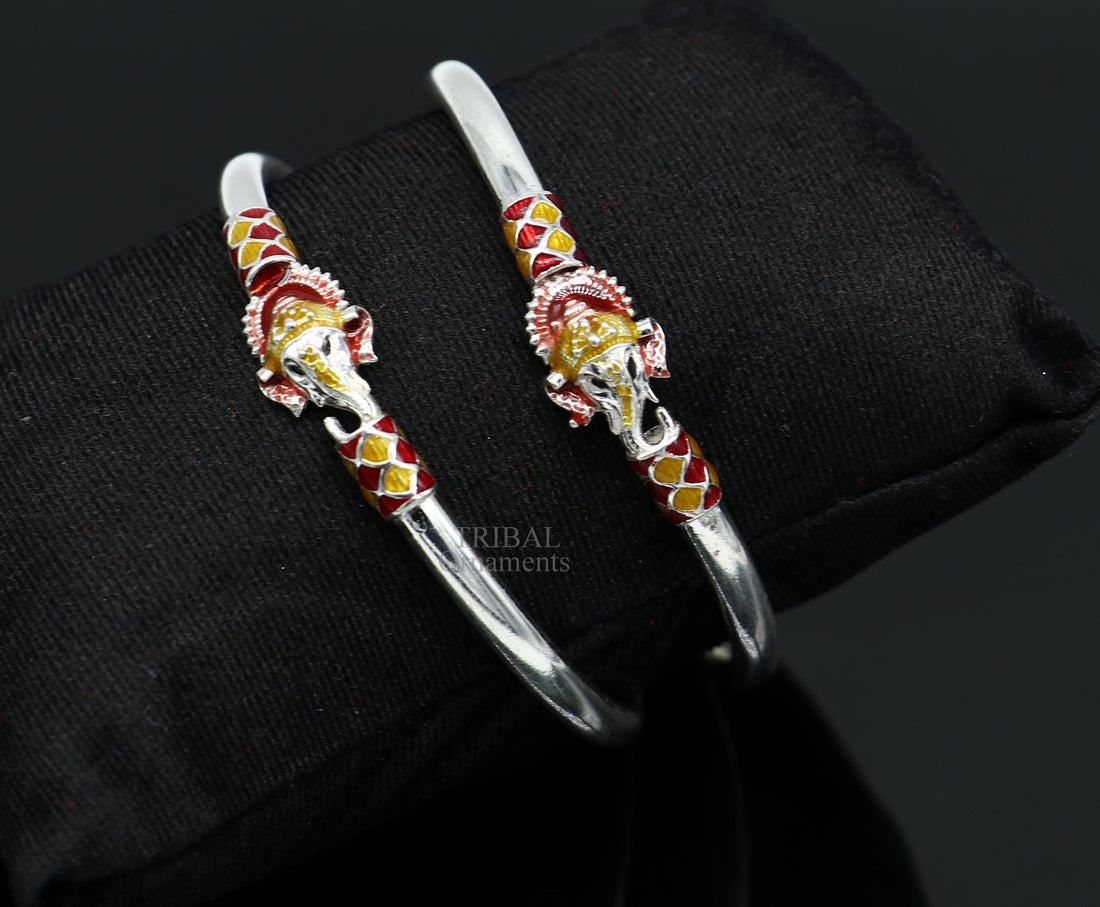 Fine Sterling silver Lord Ganesha enamel work Kada bracelet, Amazing plain stylish bes gifting fancy bangle kada giftig jewelry ba142 - TRIBAL ORNAMENTS