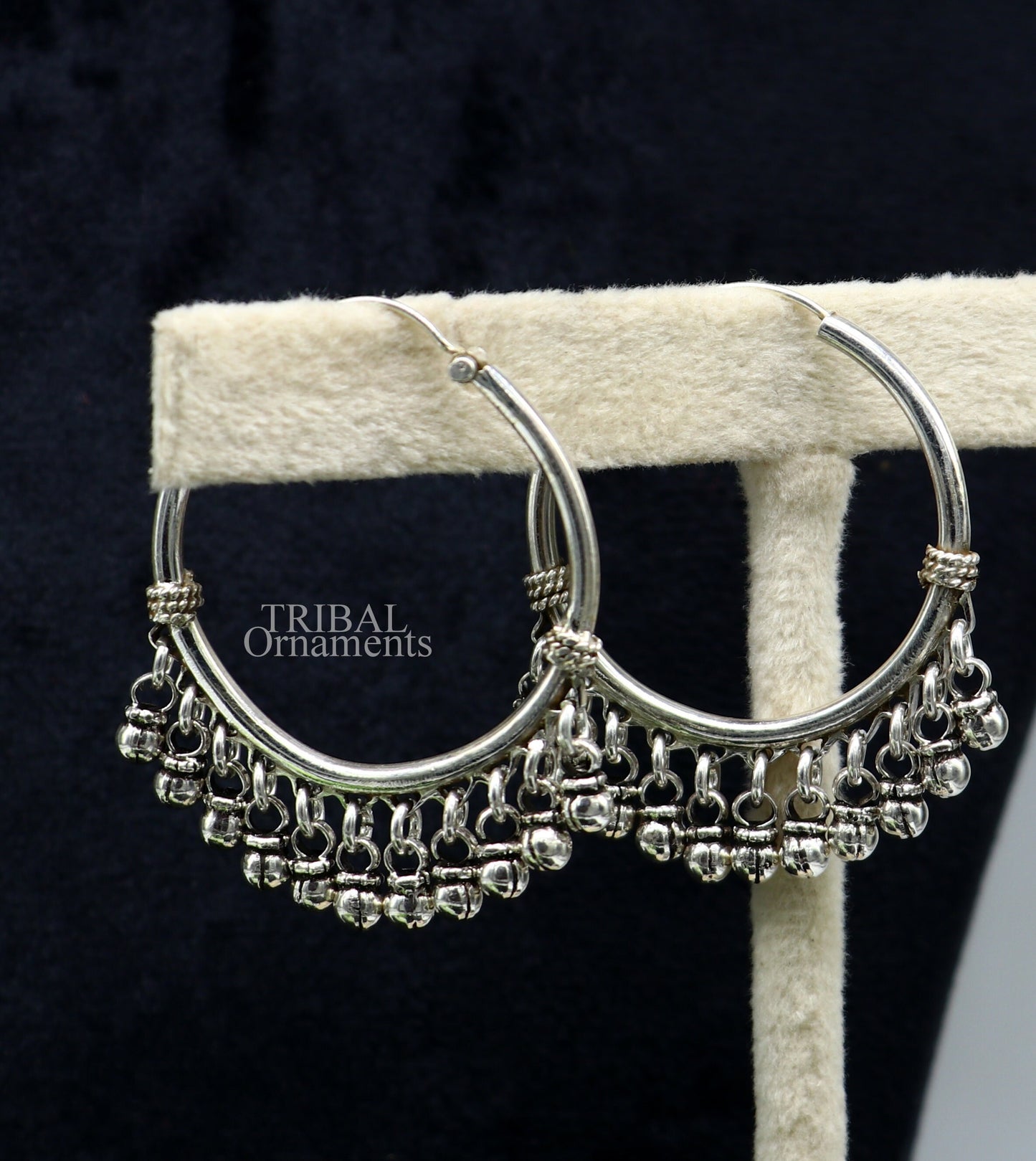 925 sterling silver handmade hoop earring, fabulous Bali, hanging bells, hook, hoop gifting gorgeous tribal customized jewelry s368 - TRIBAL ORNAMENTS