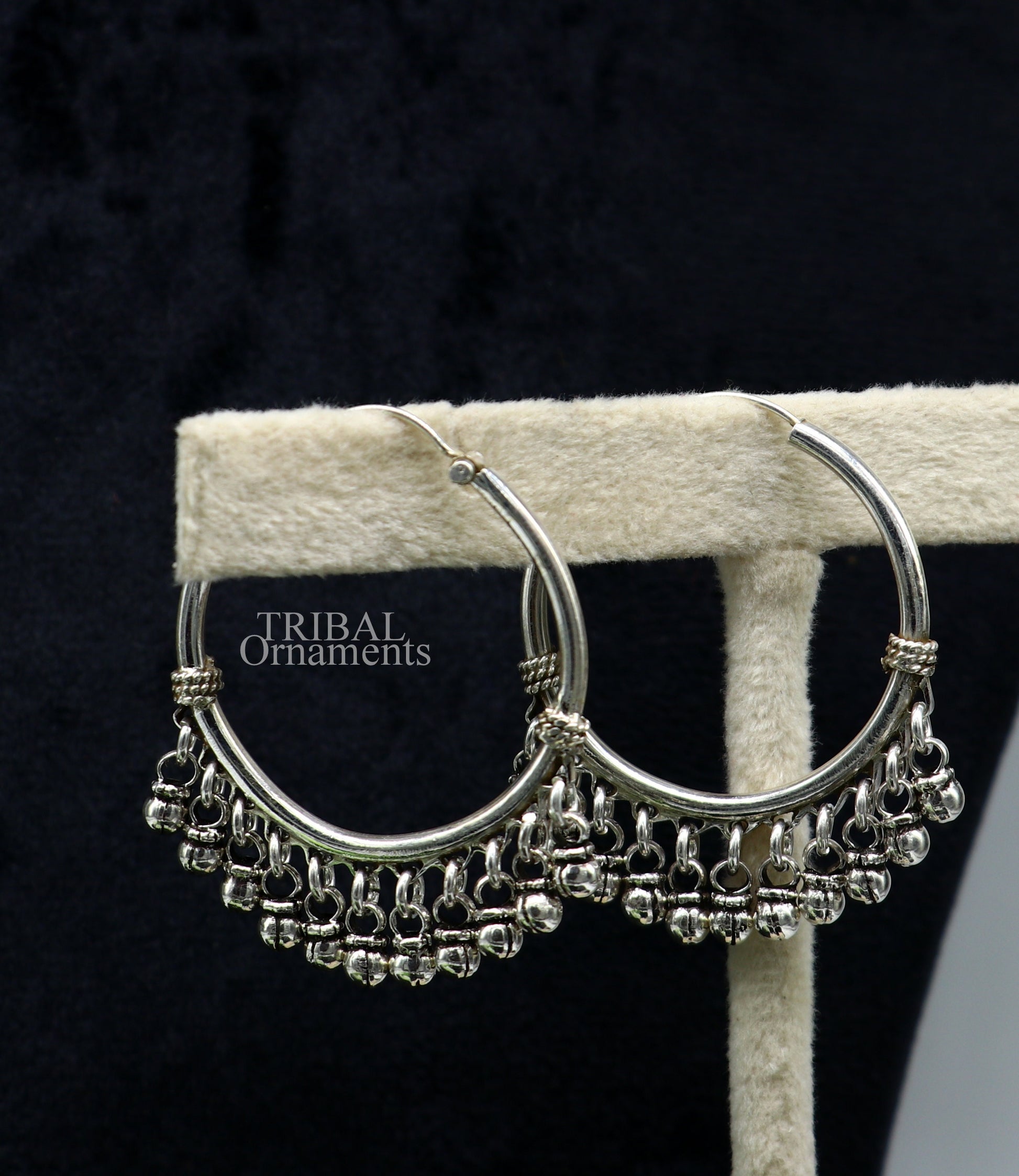 925 sterling silver handmade hoop earring, fabulous Bali, hanging bells, hook, hoop gifting gorgeous tribal customized jewelry s368 - TRIBAL ORNAMENTS