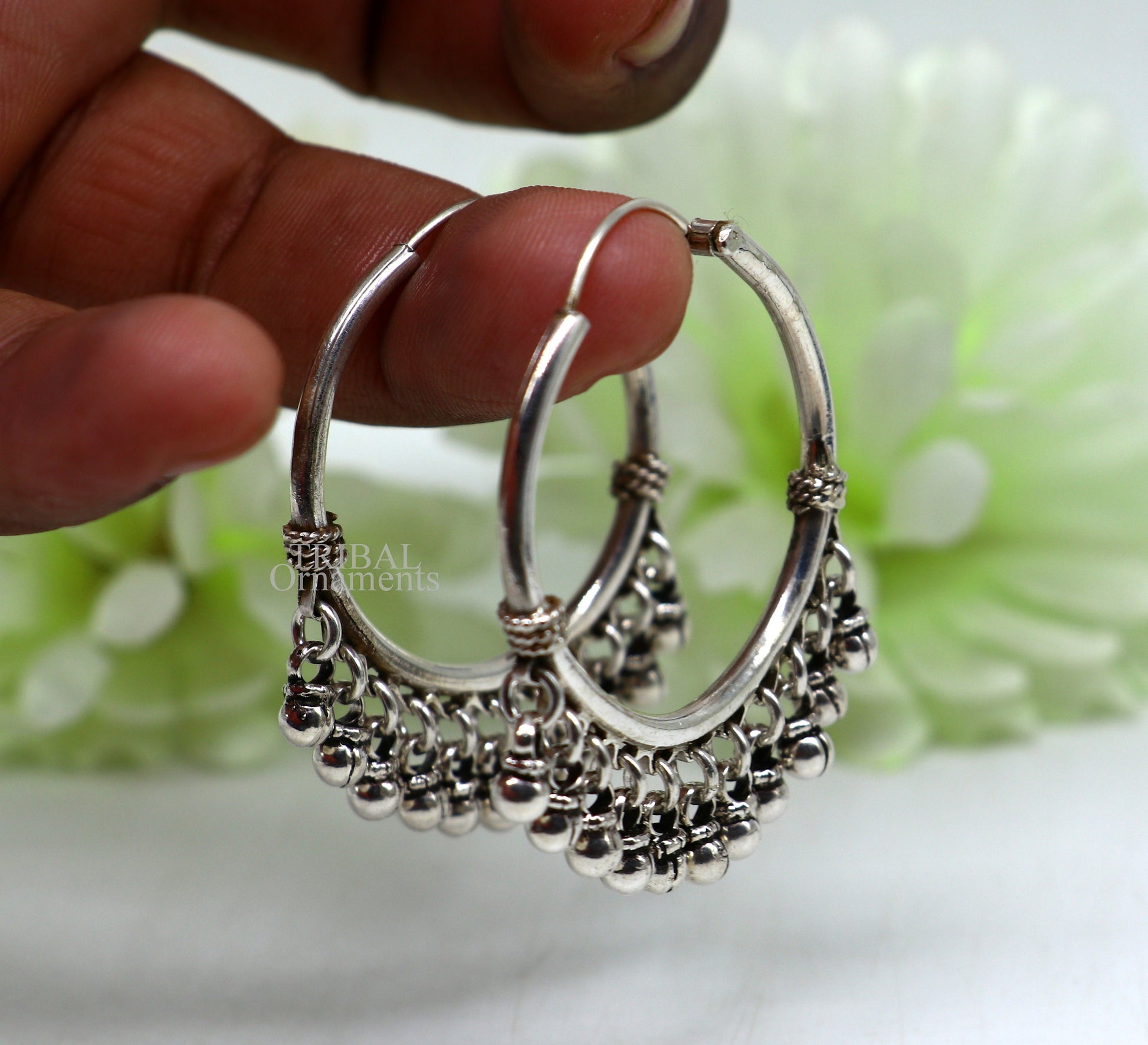 925 sterling silver handmade hoop earring, fabulous Bali, hanging bells, hook, hoop gifting gorgeous tribal customized jewelry s368 - TRIBAL ORNAMENTS