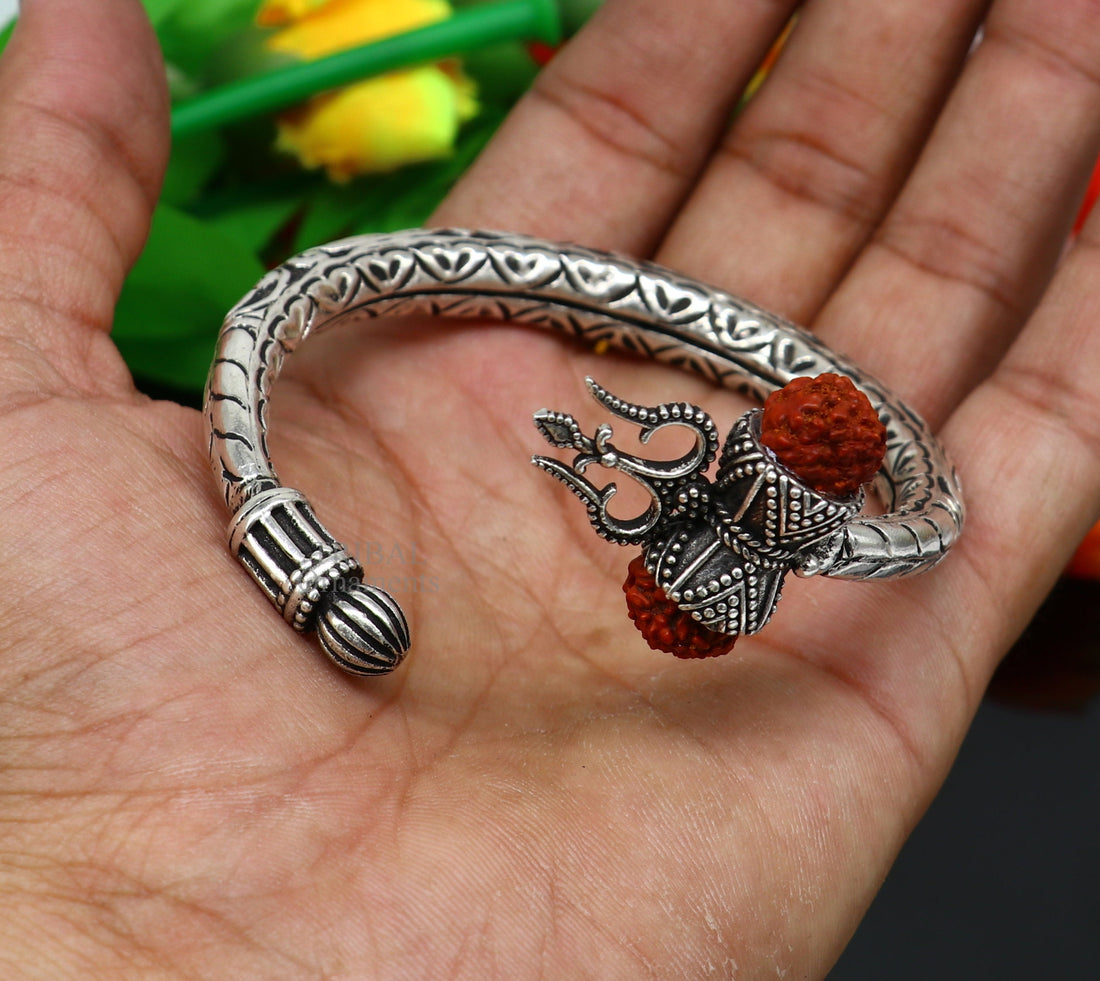 925 Sterling silver handmade chitai work Lord Shiva trident trishul kada bangle bracelet natural Rudraksha customized Bahubali kada nssk755 - TRIBAL ORNAMENTS