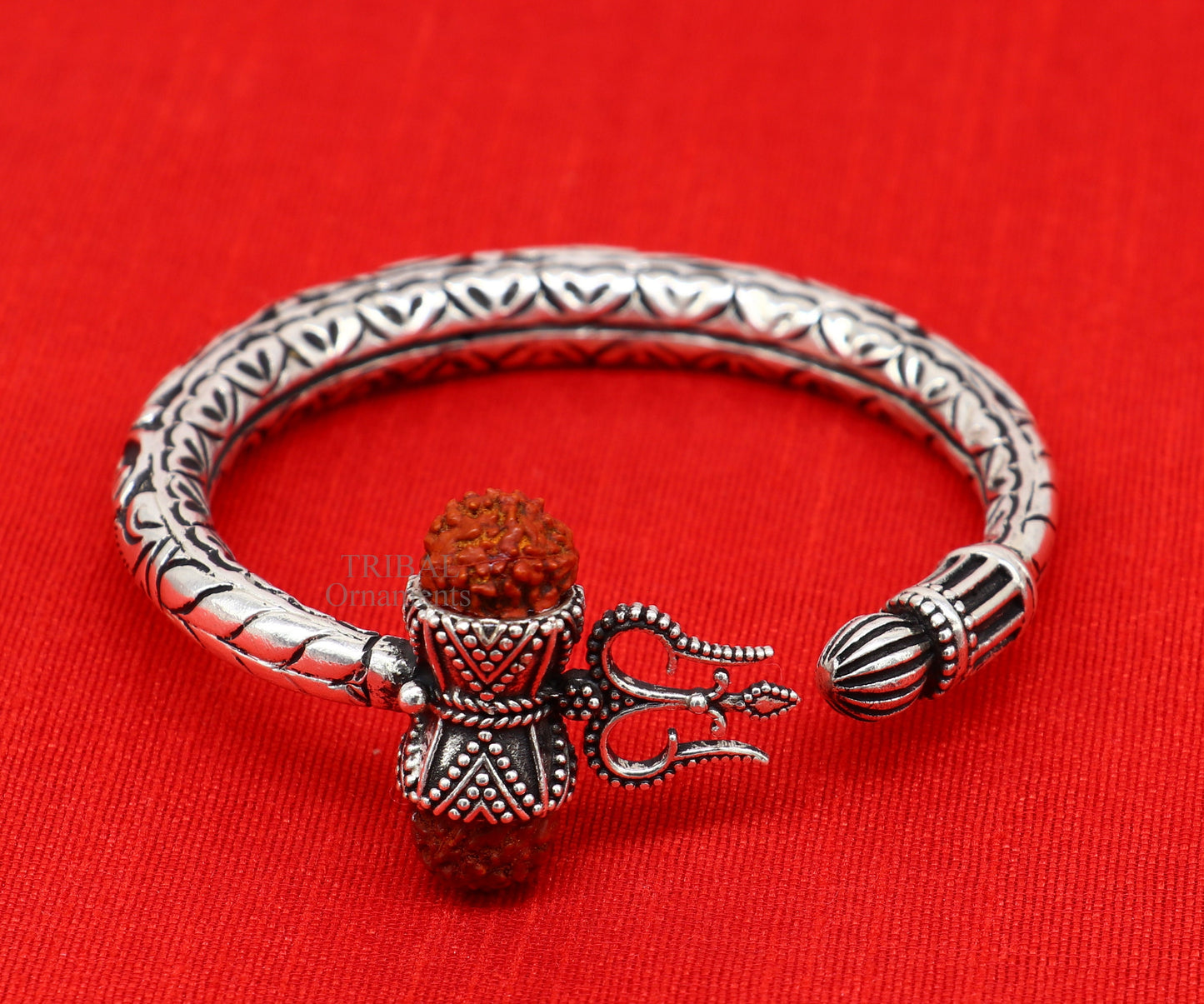 925 Sterling silver handmade chitai work Lord Shiva trident trishul kada bangle bracelet natural Rudraksha customized Bahubali kada nssk755 - TRIBAL ORNAMENTS