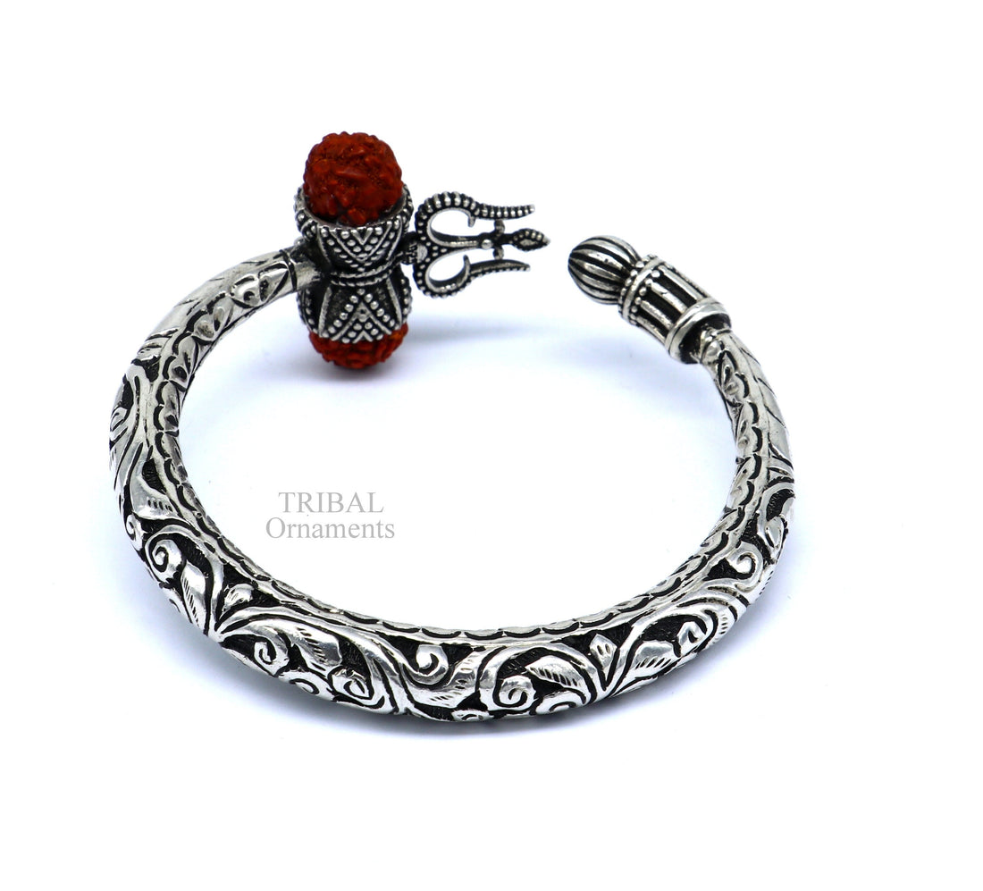 925 Sterling silver handmade chitai work Lord Shiva trident trishul kada bangle bracelet natural Rudraksha customized Bahubali kada nssk755 - TRIBAL ORNAMENTS