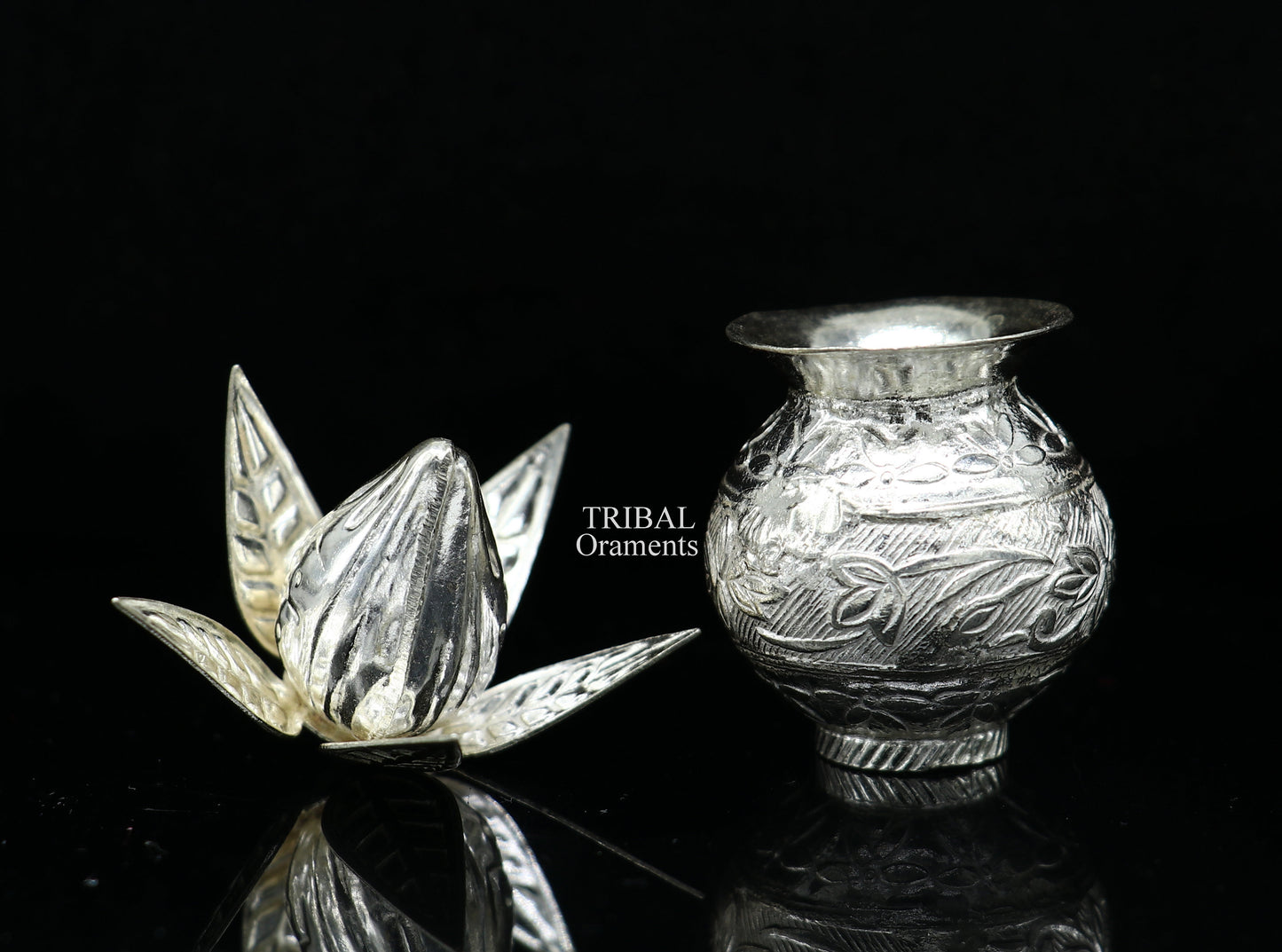 Sterling silver handmade gorgeous coconut with betel leaf puja kalash, best worshipping utensils, silver article puja art temple su710 - TRIBAL ORNAMENTS
