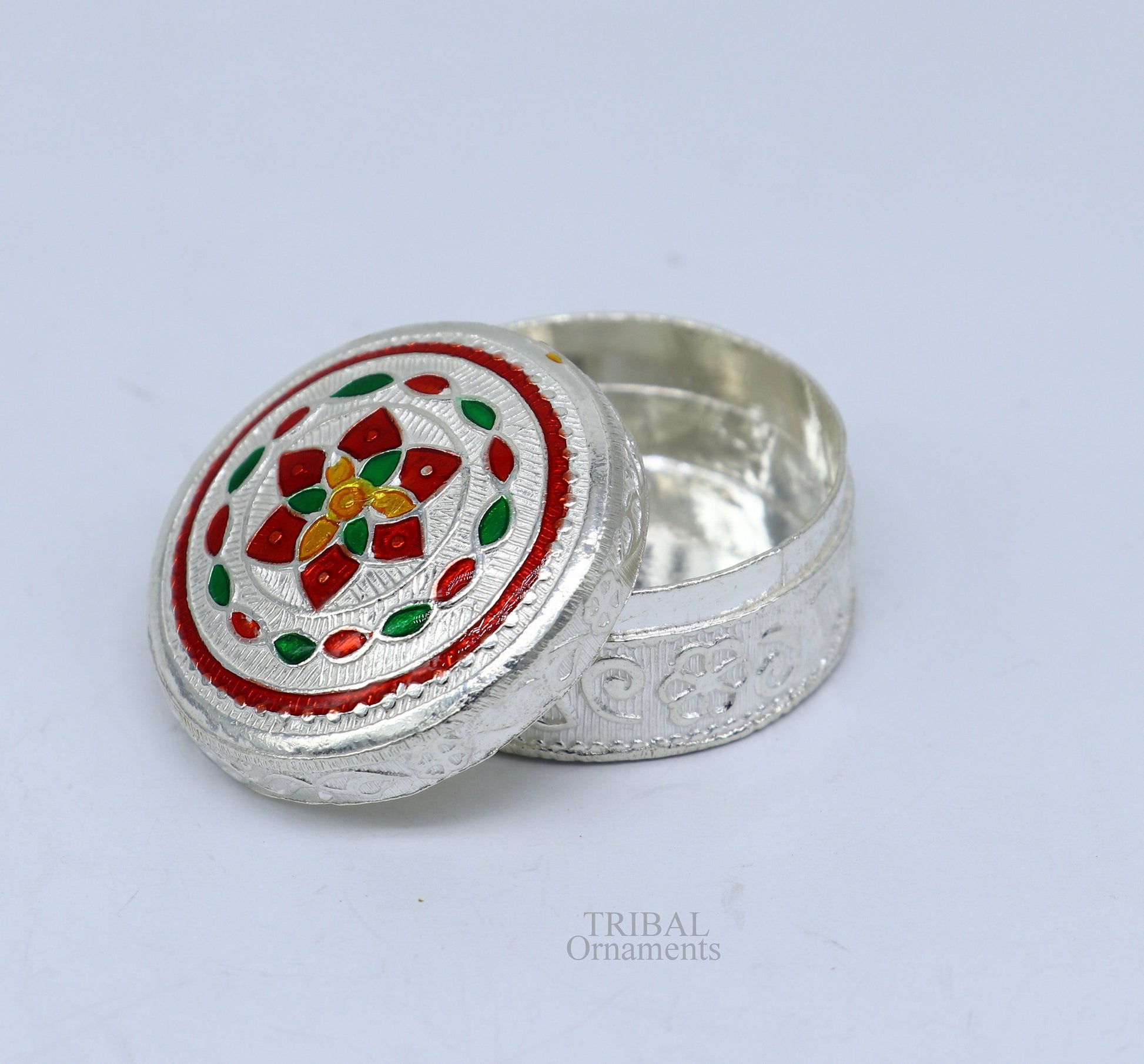 925 sterling silver trinket box, kumkum box/ casket box bridal gifts enamel jewelry box collection, container box, jewelry box art stb355 - TRIBAL ORNAMENTS