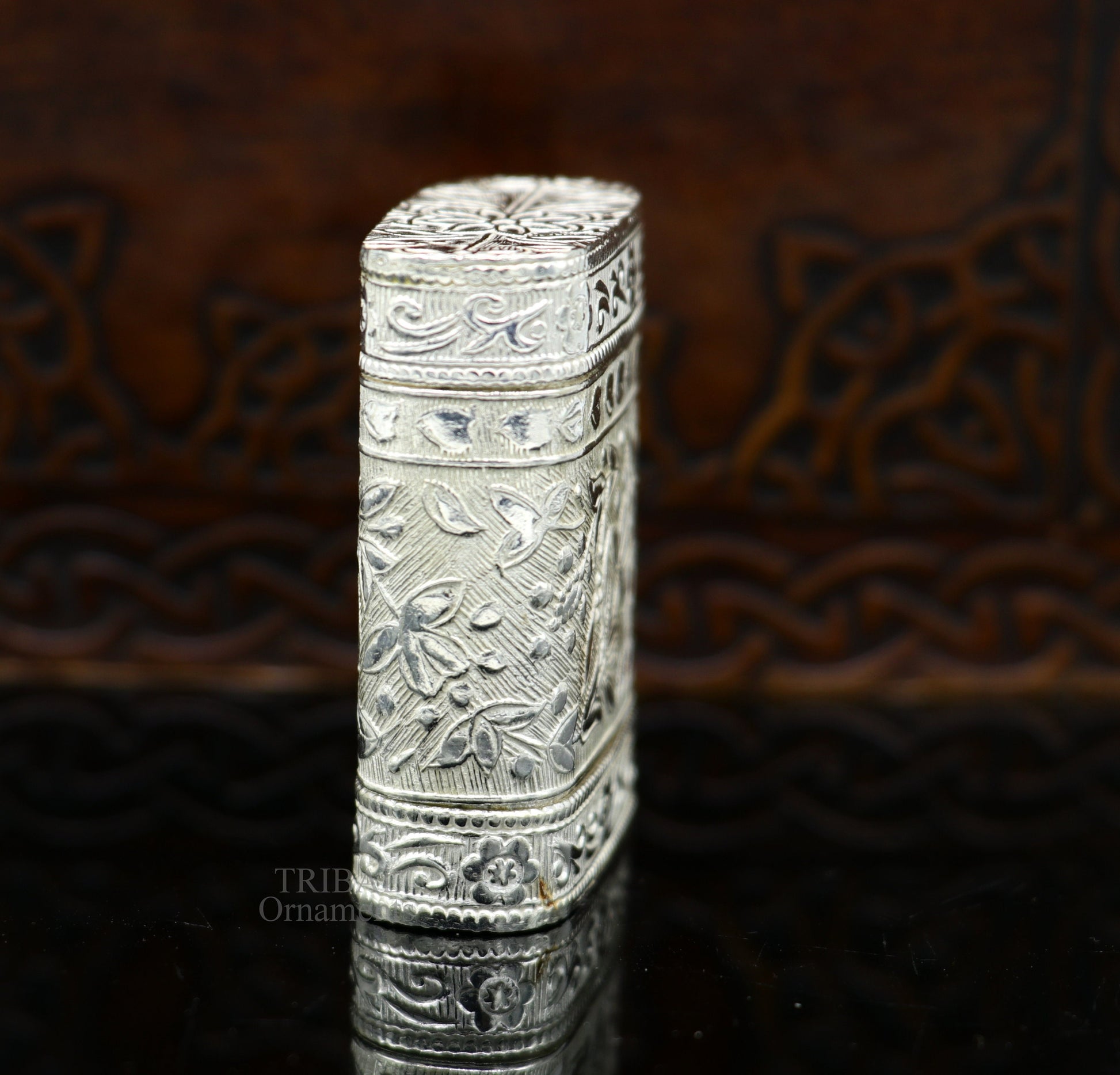 925 sterling silver handcrafted floral design 2 in1 trinket box, tobacco box, tobacco and chuna box, best gifting royal article stb360 - TRIBAL ORNAMENTS