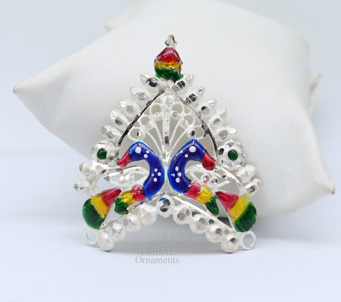 Baby krishna crown or mukut fabulous enamel peacock design 925 silver handmade idol krishna mukut gifting crawling krishna jewelry su721 - TRIBAL ORNAMENTS