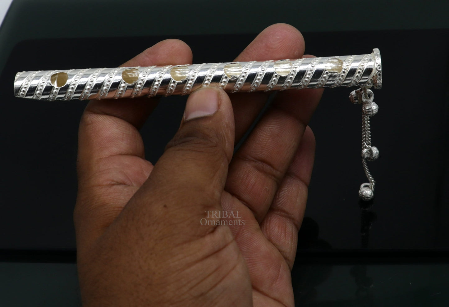5" long handmade sterling silver Hindu god Lord Krishna flute, stunning divine Krishna gifting silver accessories, puja utensils su724 - TRIBAL ORNAMENTS