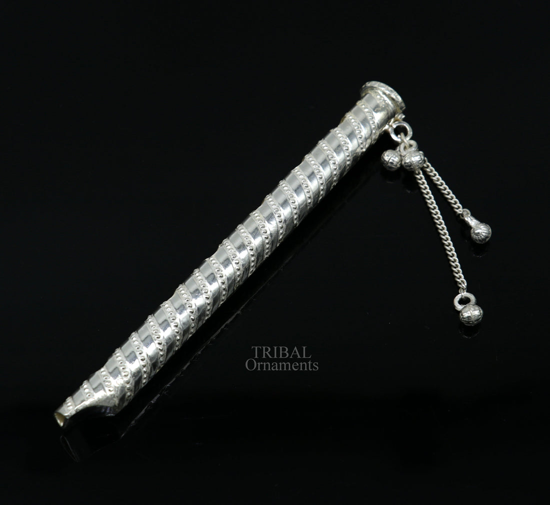 5" long handmade sterling silver Hindu god Lord Krishna flute, stunning divine Krishna gifting silver accessories, puja utensils su724 - TRIBAL ORNAMENTS