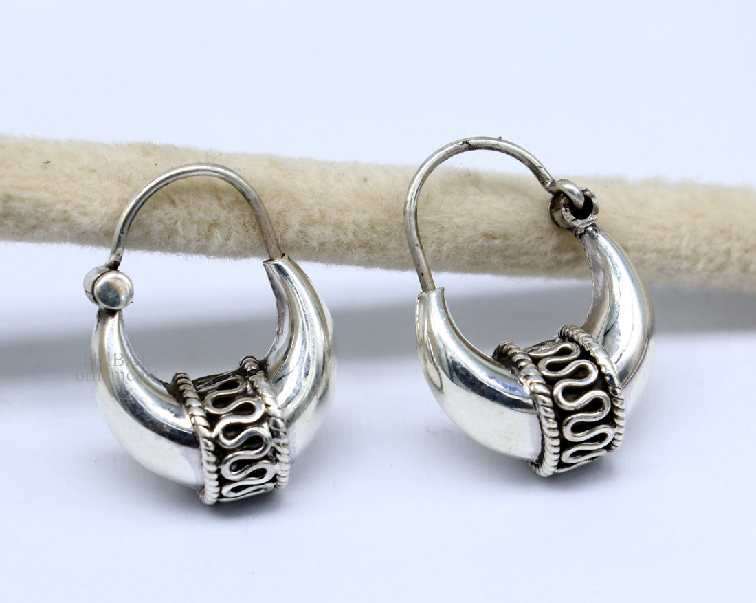 925 sterling silver Handmade vintage ethnic style hoops earrings Kundal unisex tribal stylish unique Bali jewelry from India ear1214 - TRIBAL ORNAMENTS