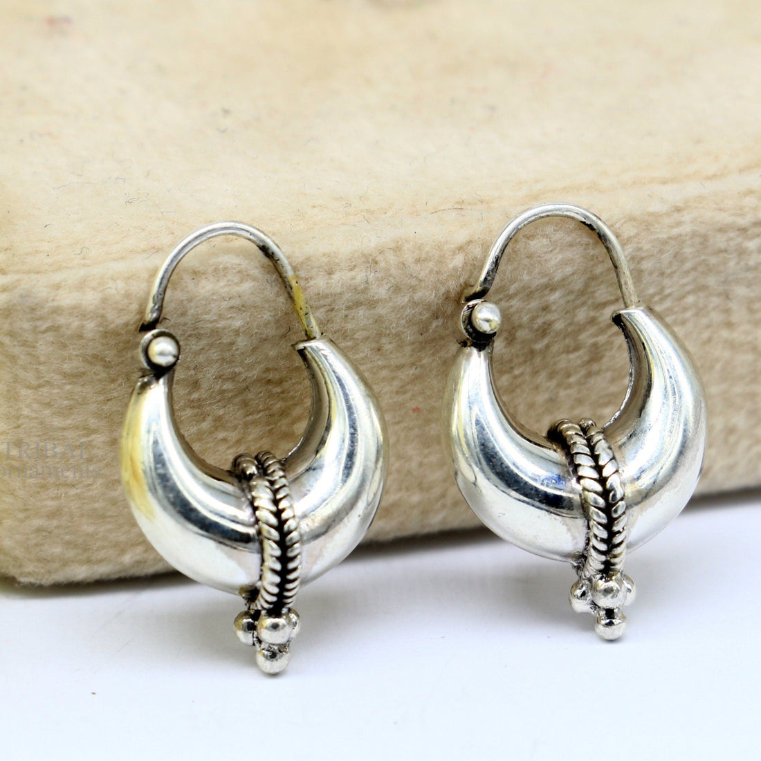 925 sterling silver Handmade vintage ethnic style hoops earrings Kundal unisex tribal stylish unique Bali jewelry from India ear1223 - TRIBAL ORNAMENTS