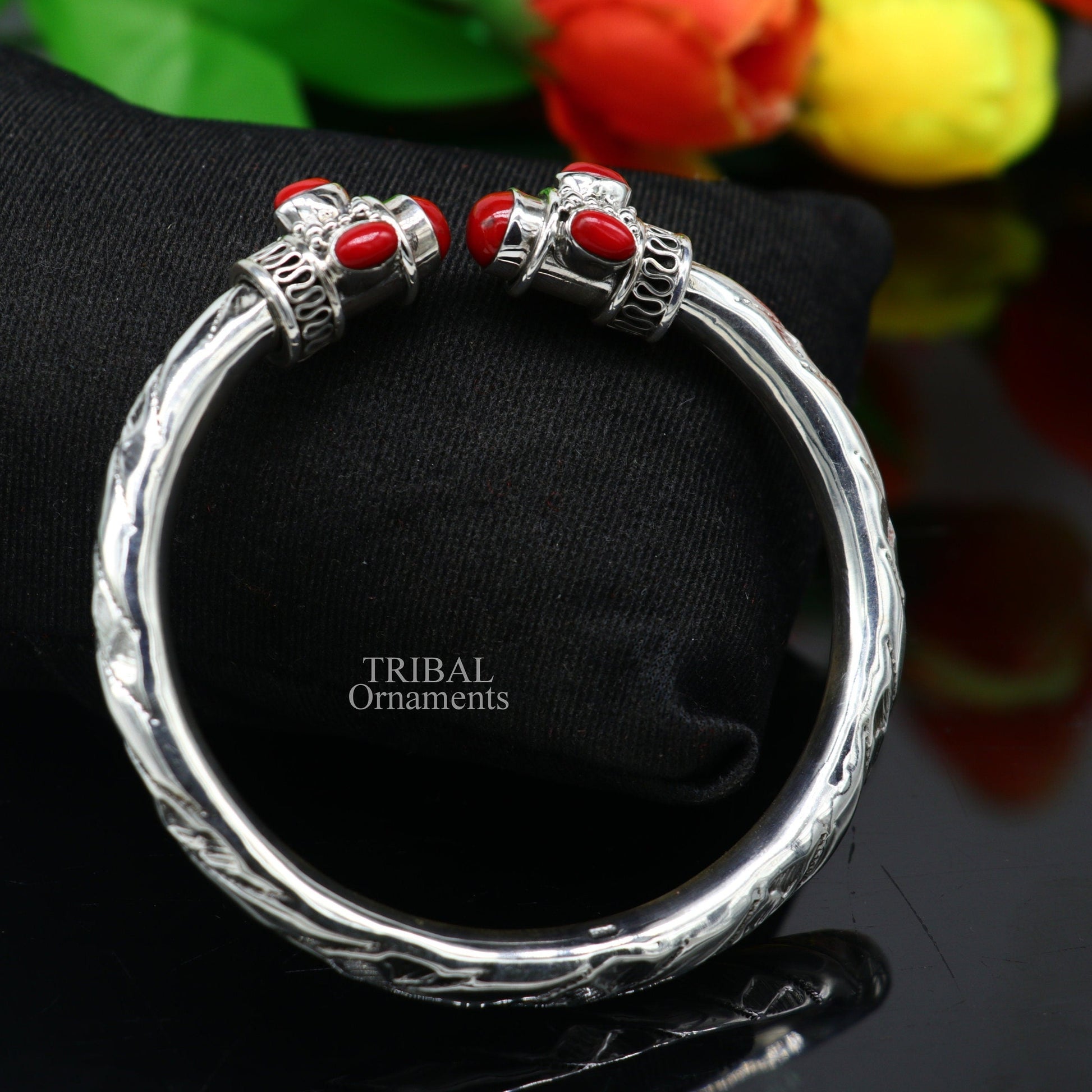 Designer 925 sterling silver handmade gorgeous red stone antique design bangle bracelet kada, fabulous wrist jewelry tribal jewelry nsk103 - TRIBAL ORNAMENTS