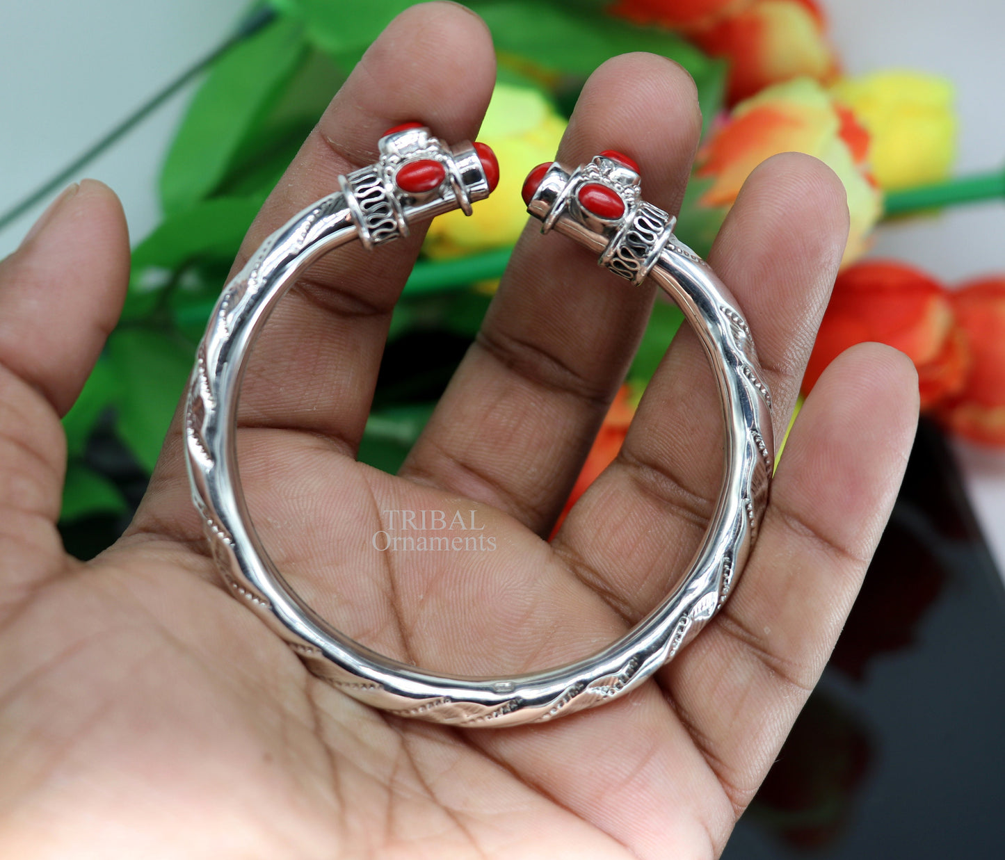 Designer 925 sterling silver handmade gorgeous red stone antique design bangle bracelet kada, fabulous wrist jewelry tribal jewelry nsk103 - TRIBAL ORNAMENTS