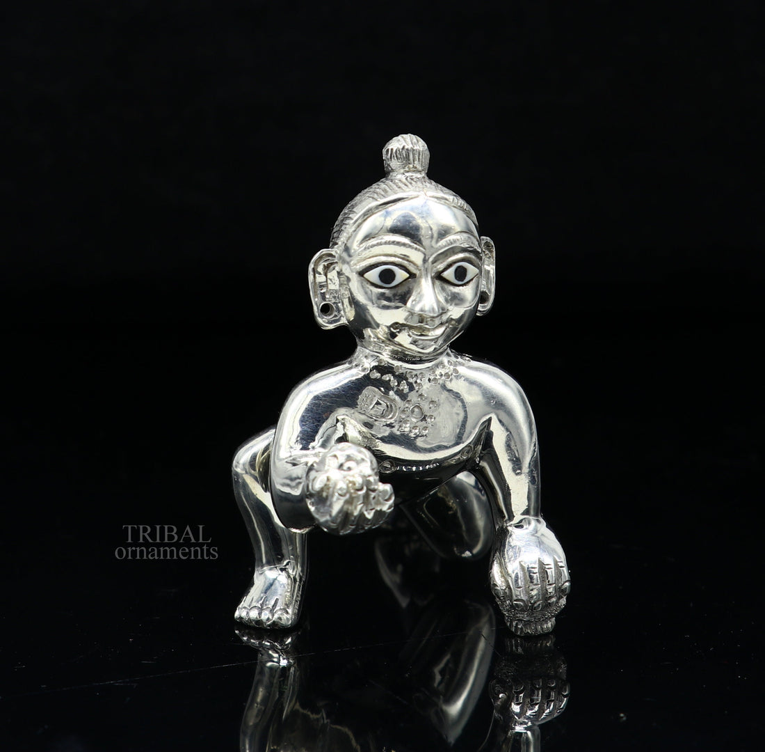 925 sterling Solid silver handmade idol divine Krishna, Ladu Gopal, crawling Krishna small statue sculpture home temple puja art art494 - TRIBAL ORNAMENTS