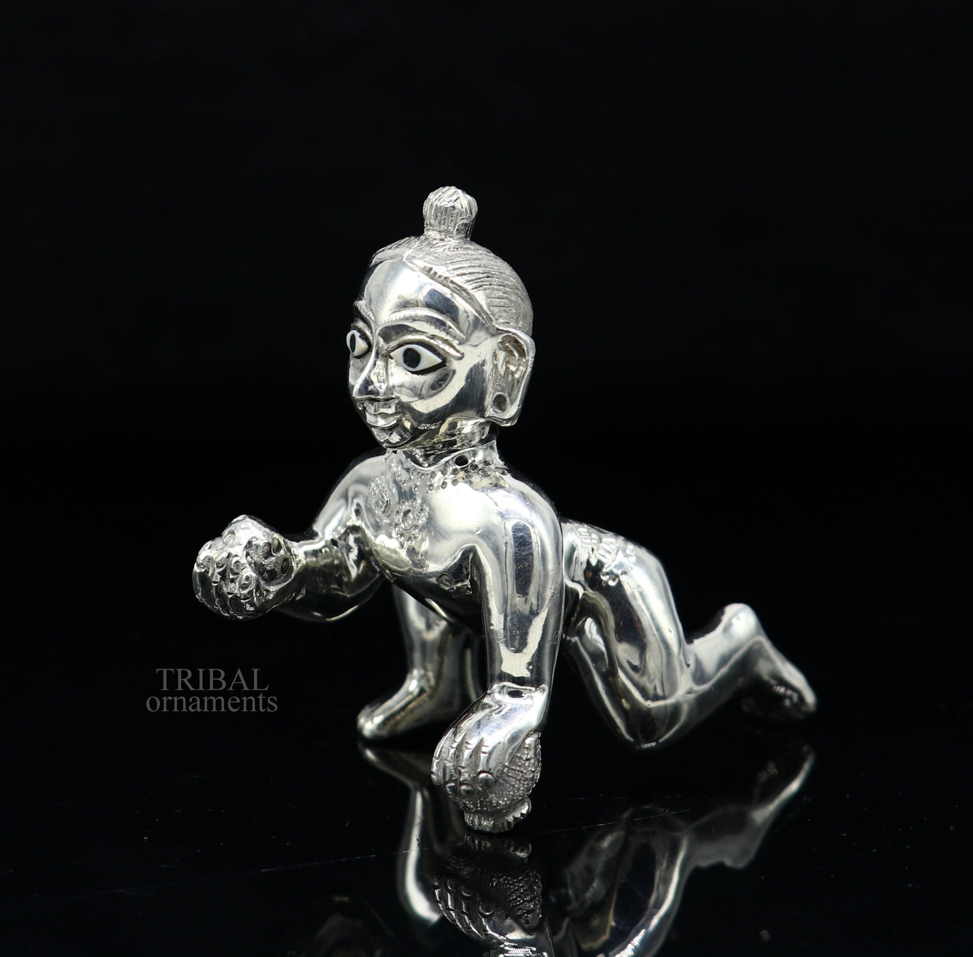 925 sterling Solid silver handmade idol divine Krishna, Ladu Gopal, crawling Krishna small statue sculpture home temple puja art art494 - TRIBAL ORNAMENTS