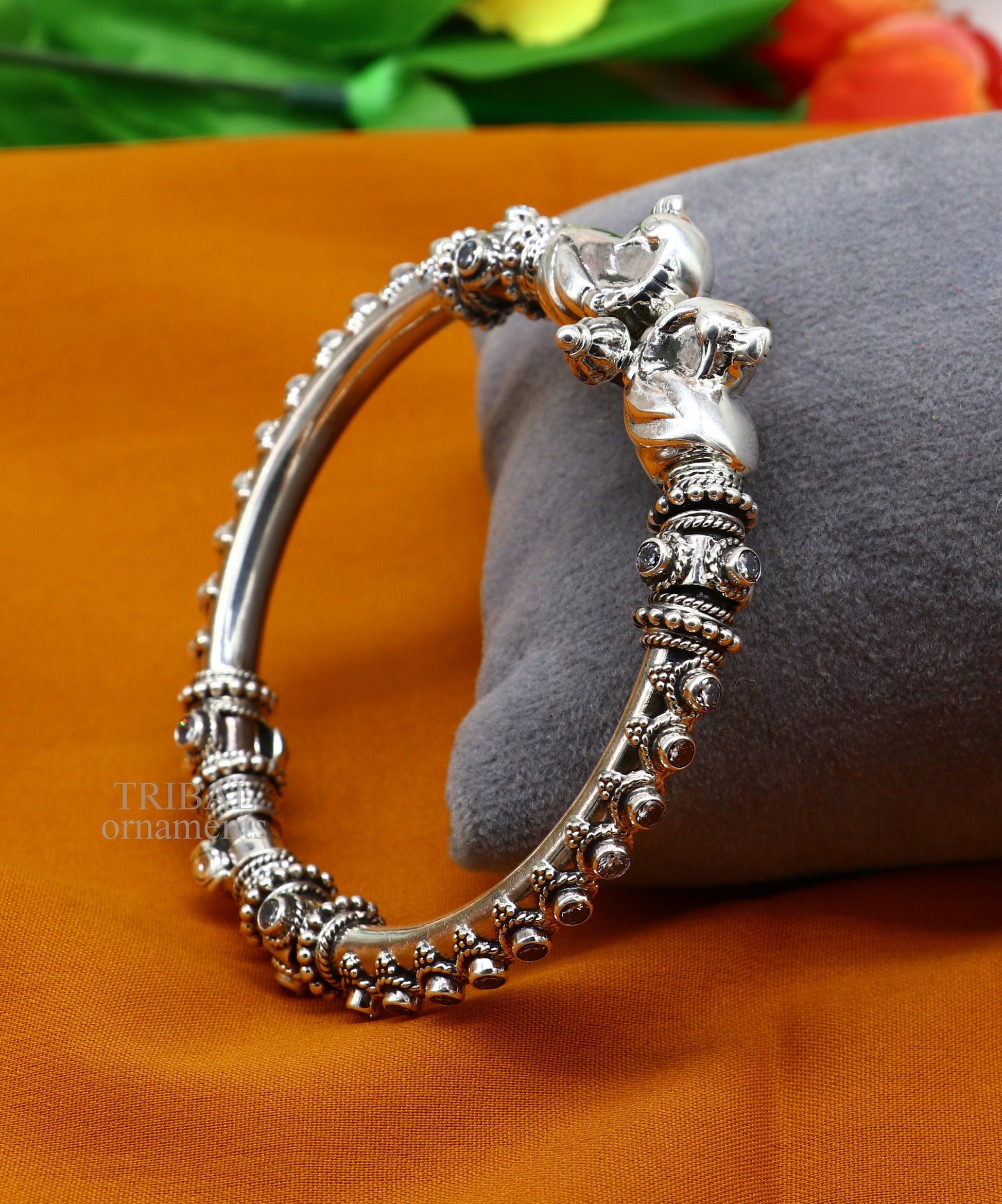 925 Sterling silver handmade vintage peacock design cubic zircon stone tribal ethnic belly dance bangle bracelet gifting kada Rnsk480 - TRIBAL ORNAMENTS