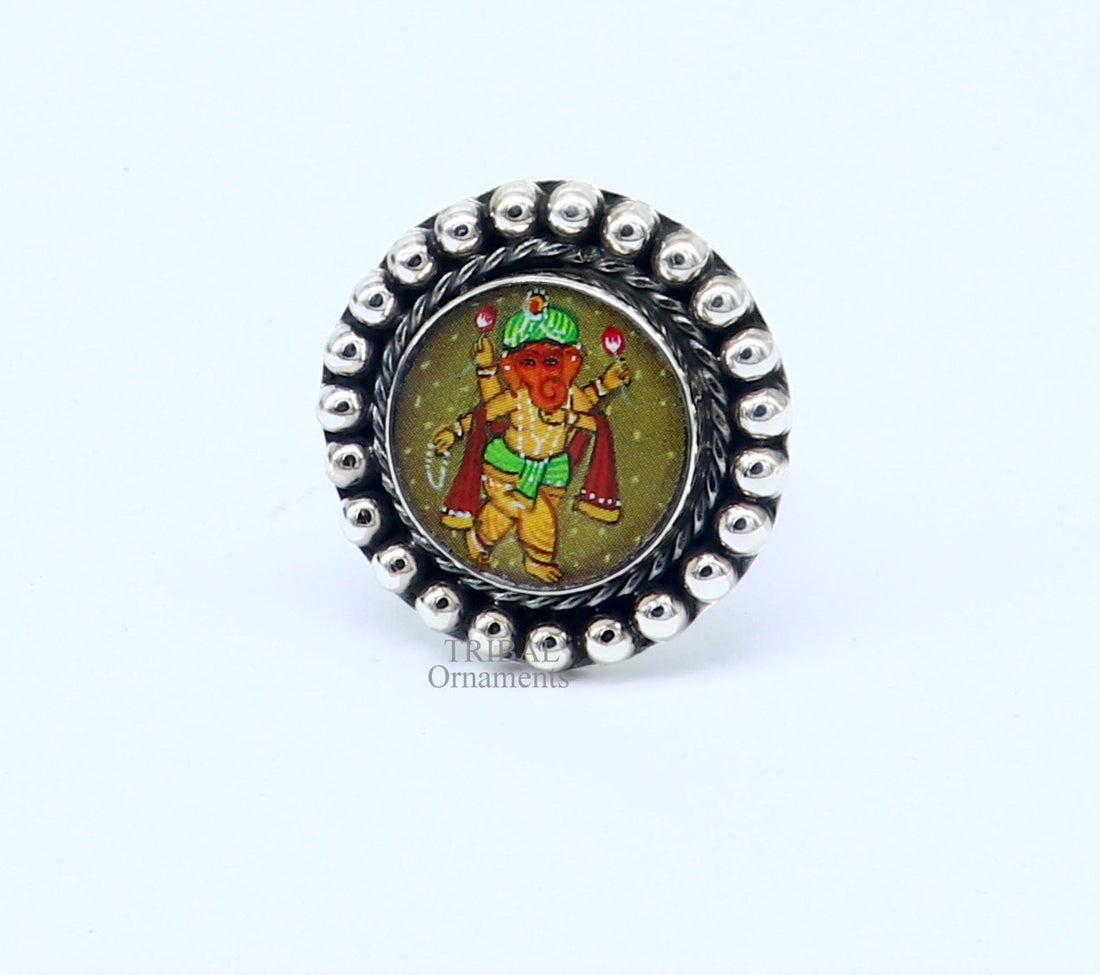 925 sterling silver adjustable ring band with fabulous lord ganesha miniature art painting ring Stylish ethnic party jewelry RRing530 - TRIBAL ORNAMENTS