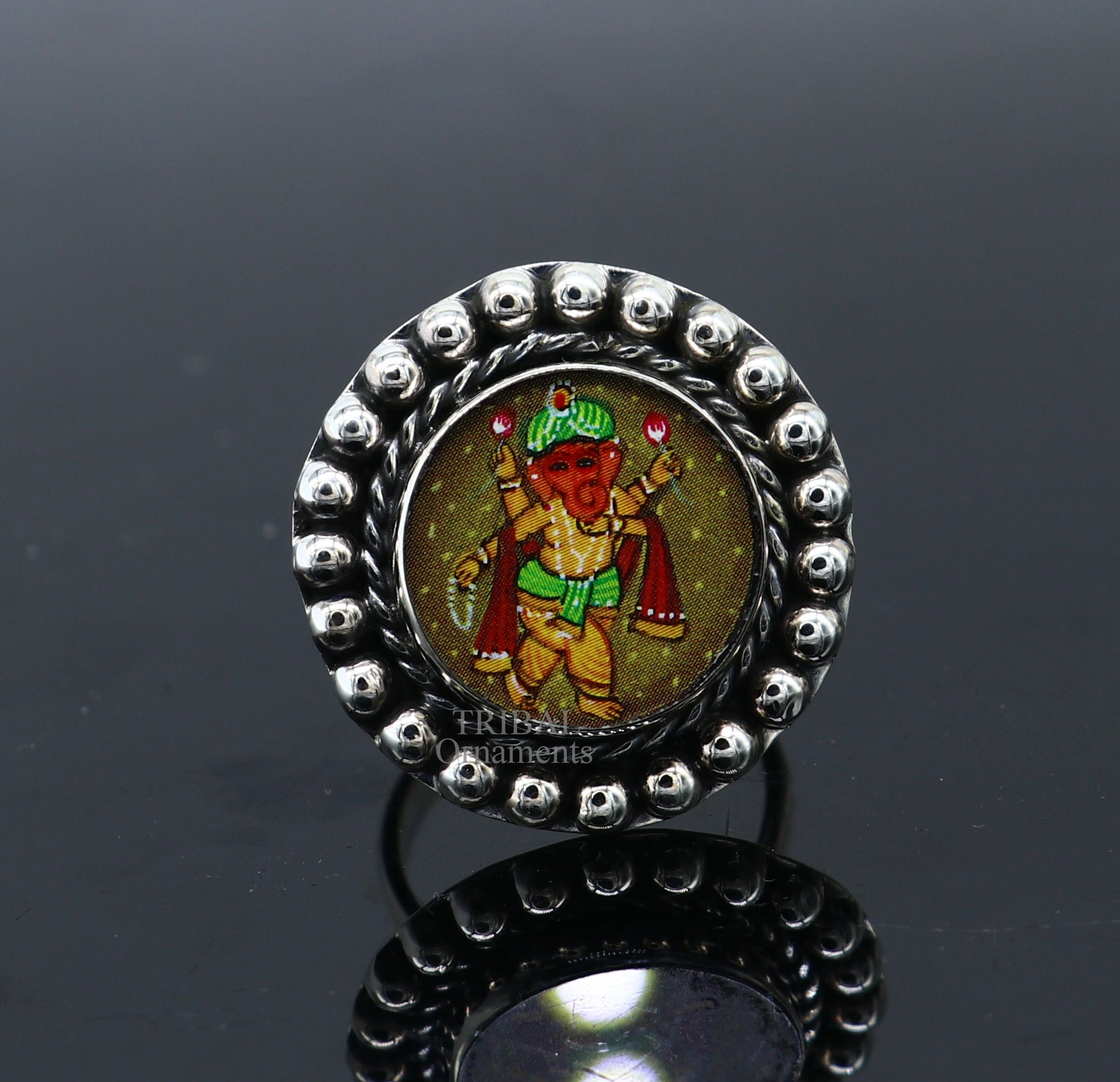 925 sterling silver adjustable ring band with fabulous lord ganesha miniature art painting ring Stylish ethnic party jewelry RRing530 - TRIBAL ORNAMENTS