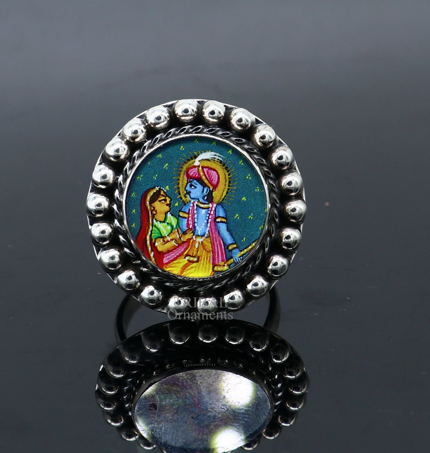 925 sterling silver adjustable ring band fabulous lord Krishna with Radha miniature art painting ring Stylish ethnic party jewelry RRing527 - TRIBAL ORNAMENTS