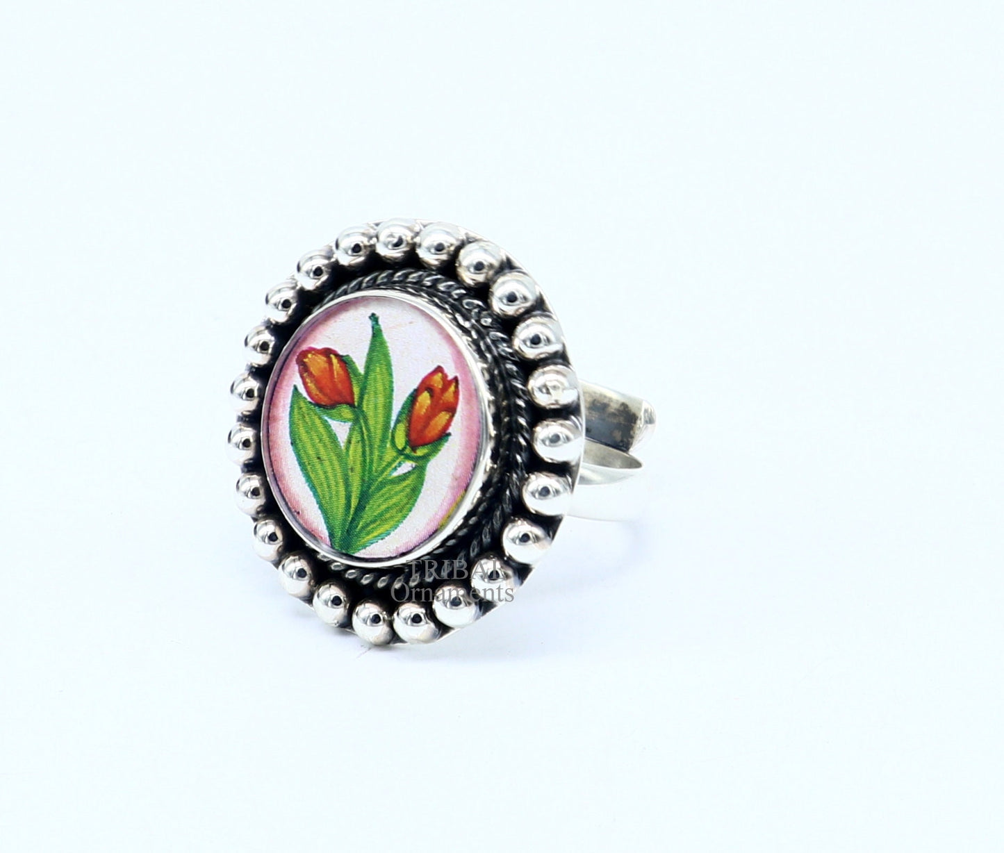 925 sterling silver adjustable ring band fabulous flower design miniature art painting ring Stylish ethnic party jewelry RRing533 - TRIBAL ORNAMENTS