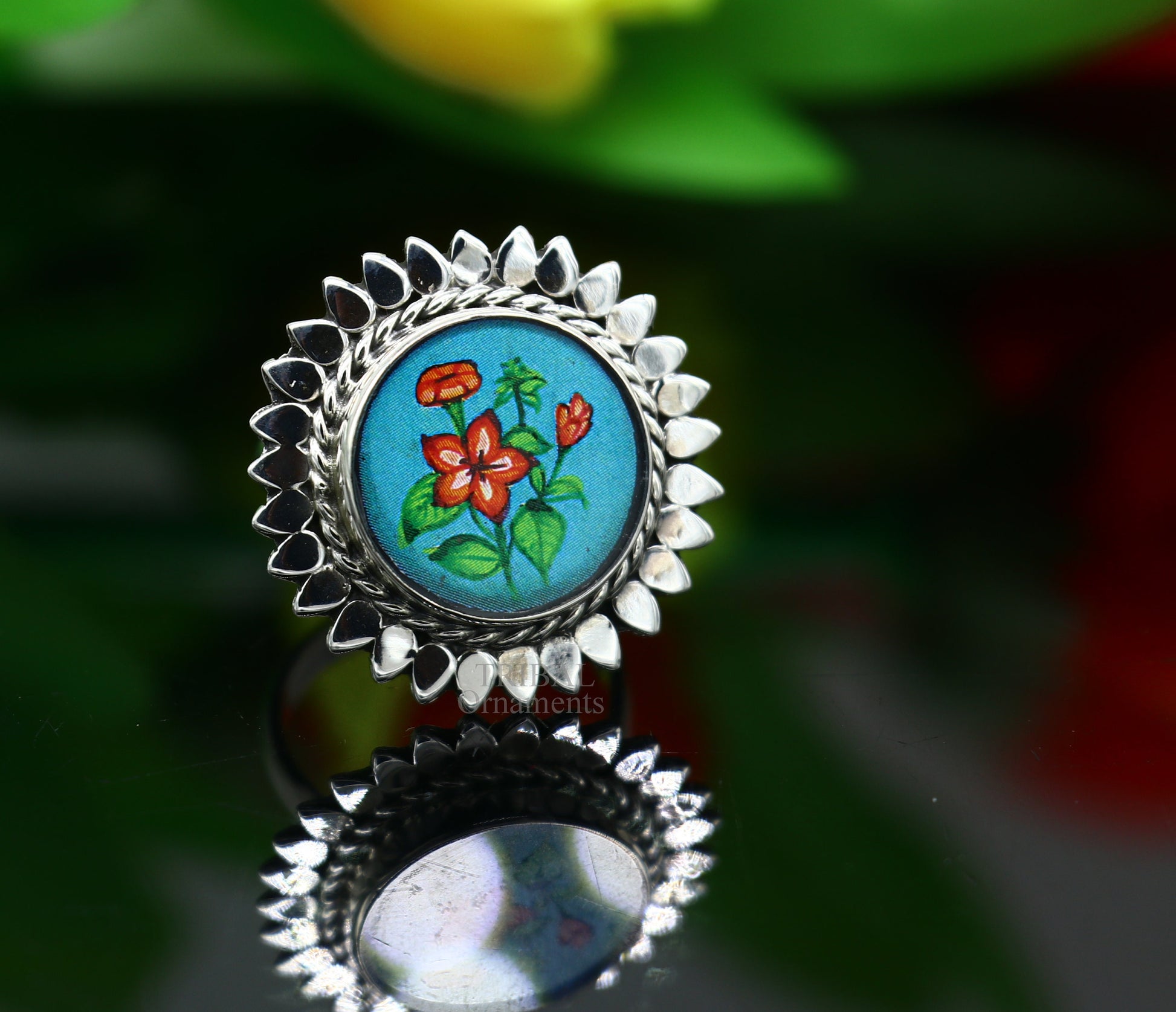 925 sterling silver adjustable ring band fabulous flower design miniature art painting ring Stylish ethnic party jewelry RRing509 - TRIBAL ORNAMENTS
