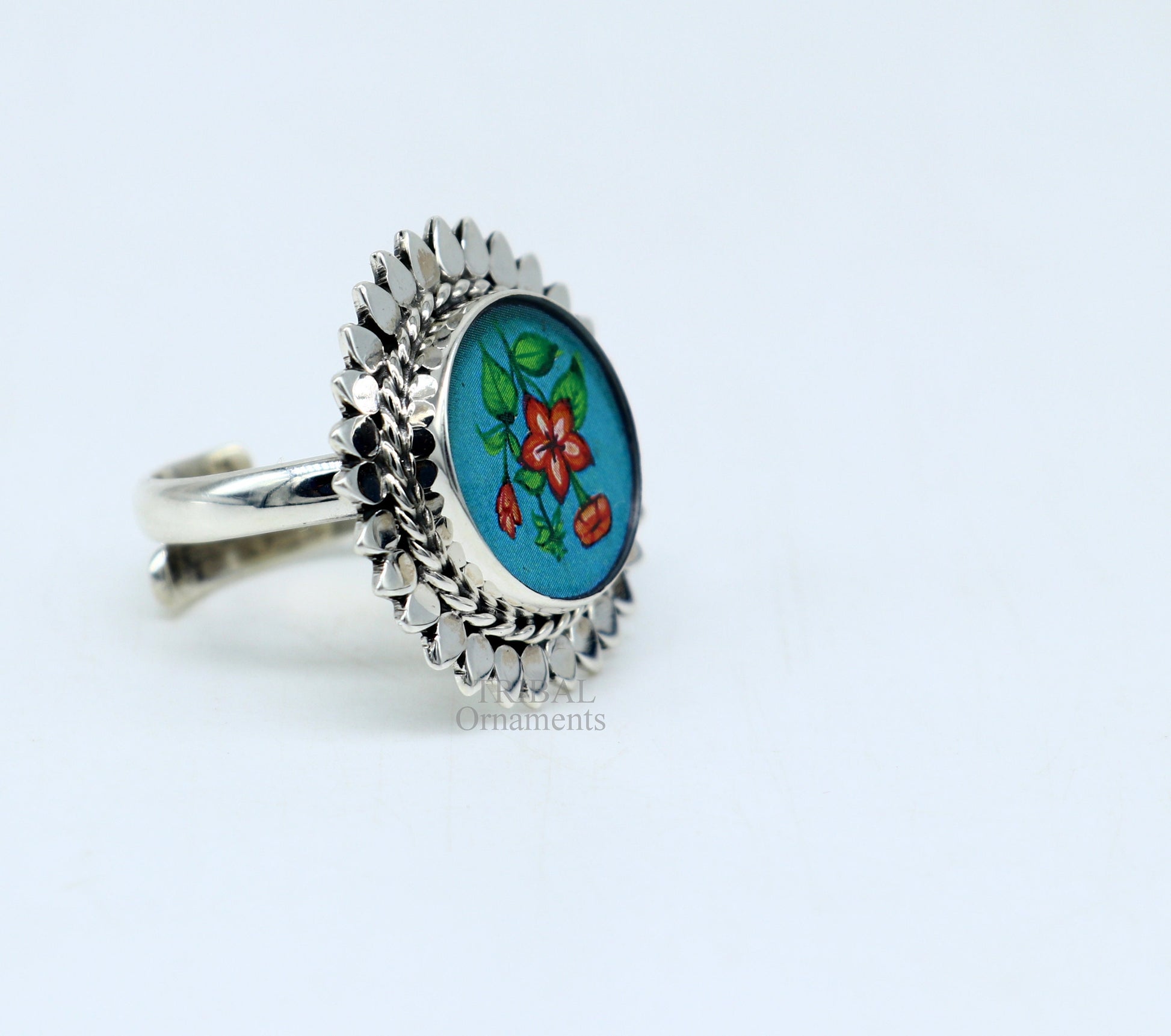 925 sterling silver adjustable ring band fabulous flower design miniature art painting ring Stylish ethnic party jewelry RRing509 - TRIBAL ORNAMENTS