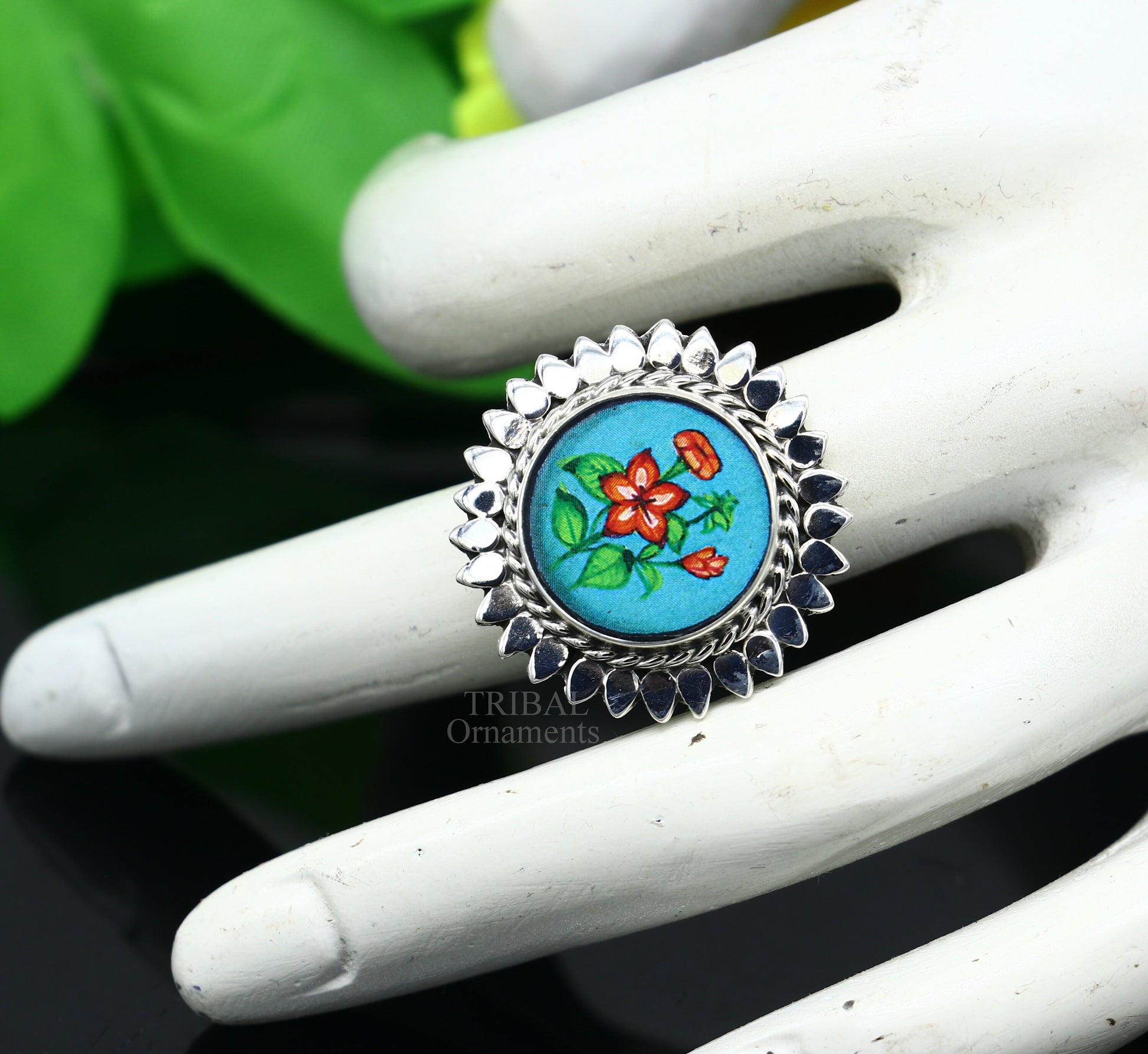 925 sterling silver adjustable ring band fabulous flower design miniature art painting ring Stylish ethnic party jewelry RRing509 - TRIBAL ORNAMENTS