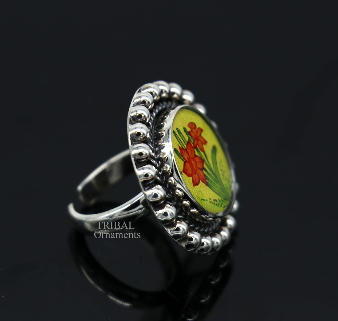 925 sterling silver adjustable ring band fabulous flower design miniature art painting ring Stylish ethnic party jewelry RRing525 - TRIBAL ORNAMENTS