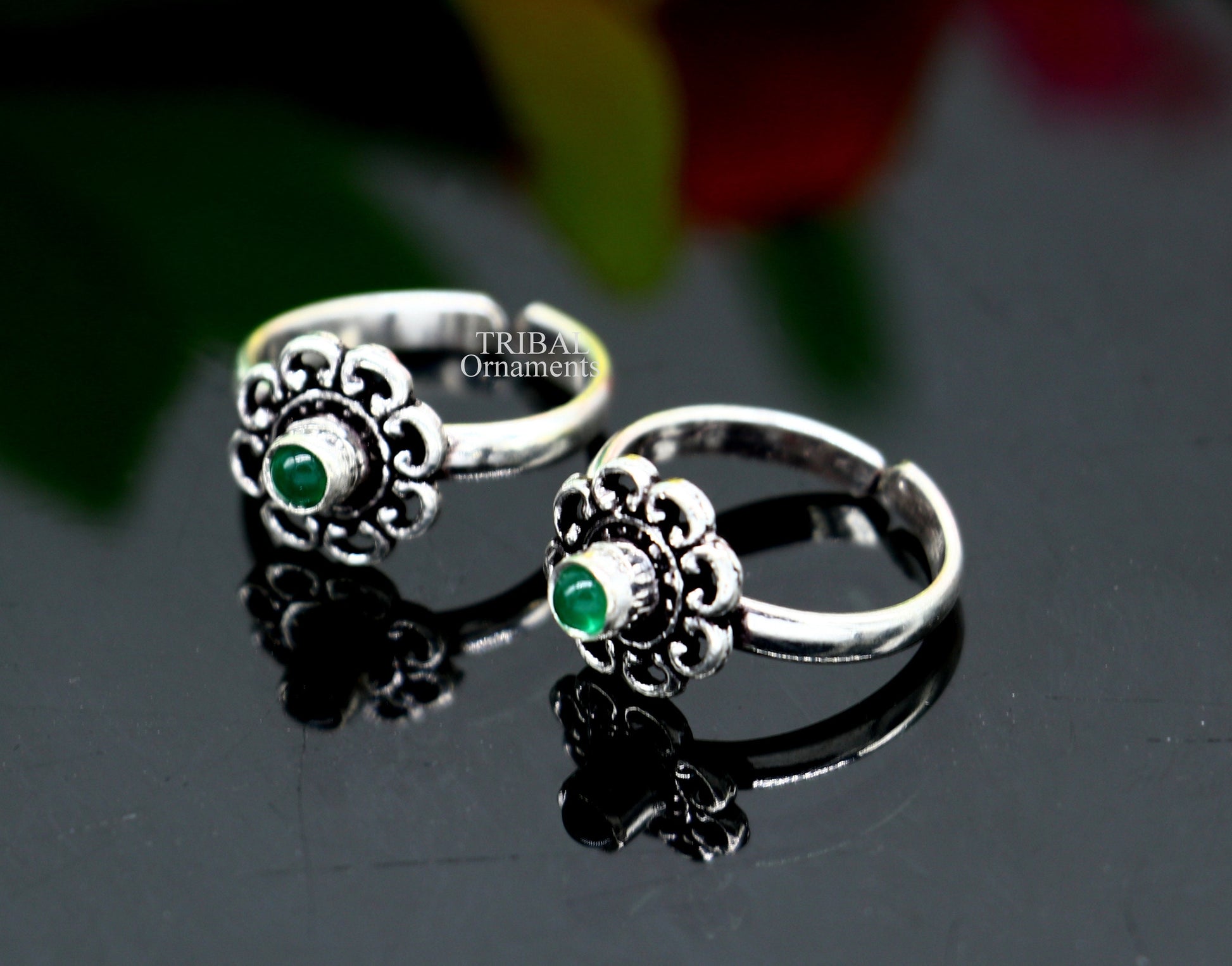 925 sterling silver handmade fabulous tiny toe ring band green stone tribal belly dance vintage style ethnic jewelry from India toer145 - TRIBAL ORNAMENTS