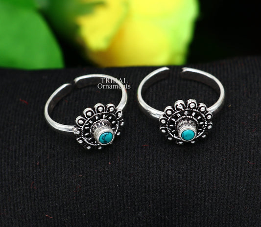 925 sterling silver handmade fabulous tiny toe ring band turquoise stone tribal belly dance vintage style ethnic jewelry from India toer146 - TRIBAL ORNAMENTS