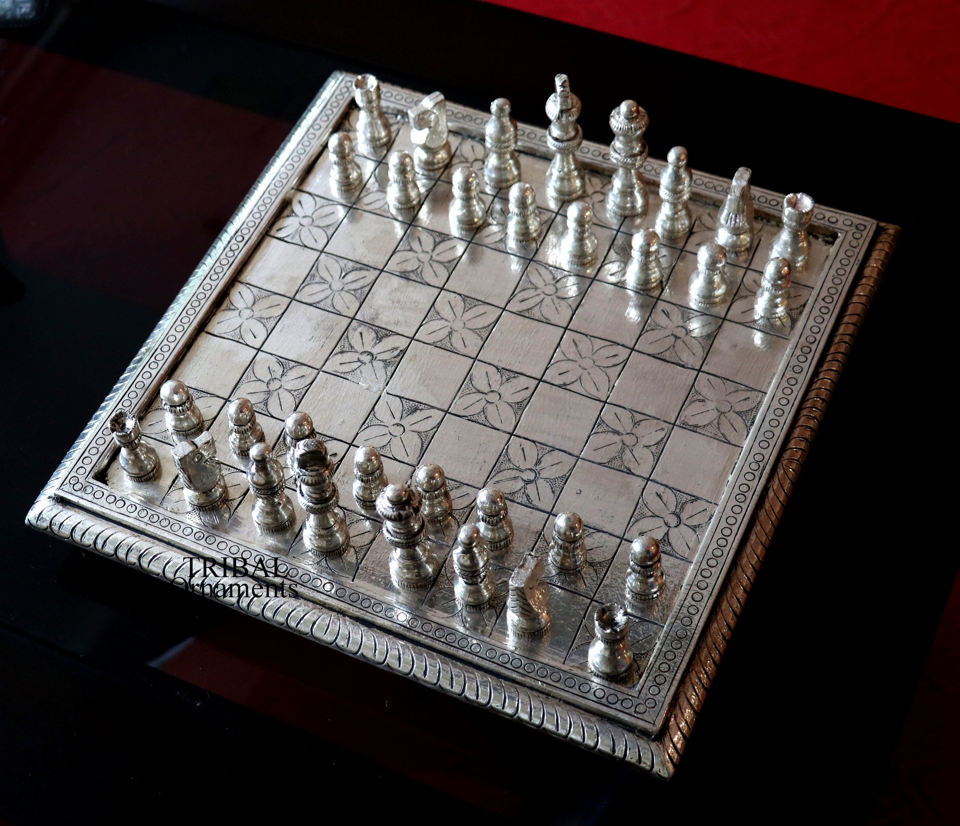 12" x 12" 925 sterling silver chessboard, Amazing customized handcrafted design on wooden base, Amazing Royal silver gift article india sf10 - TRIBAL ORNAMENTS