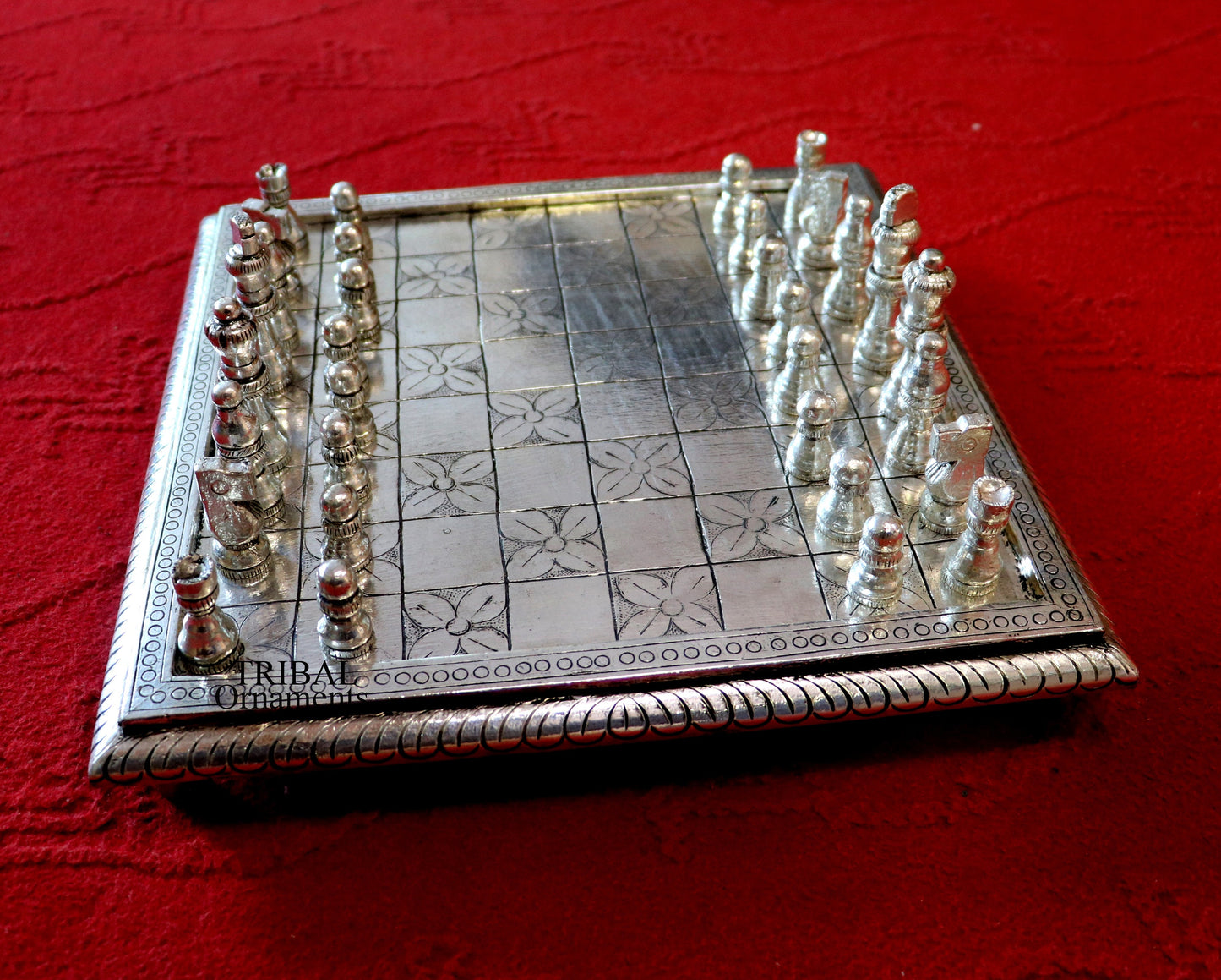 12" x 12" 925 sterling silver chessboard, Amazing customized handcrafted design on wooden base, Amazing Royal silver gift article india sf10 - TRIBAL ORNAMENTS