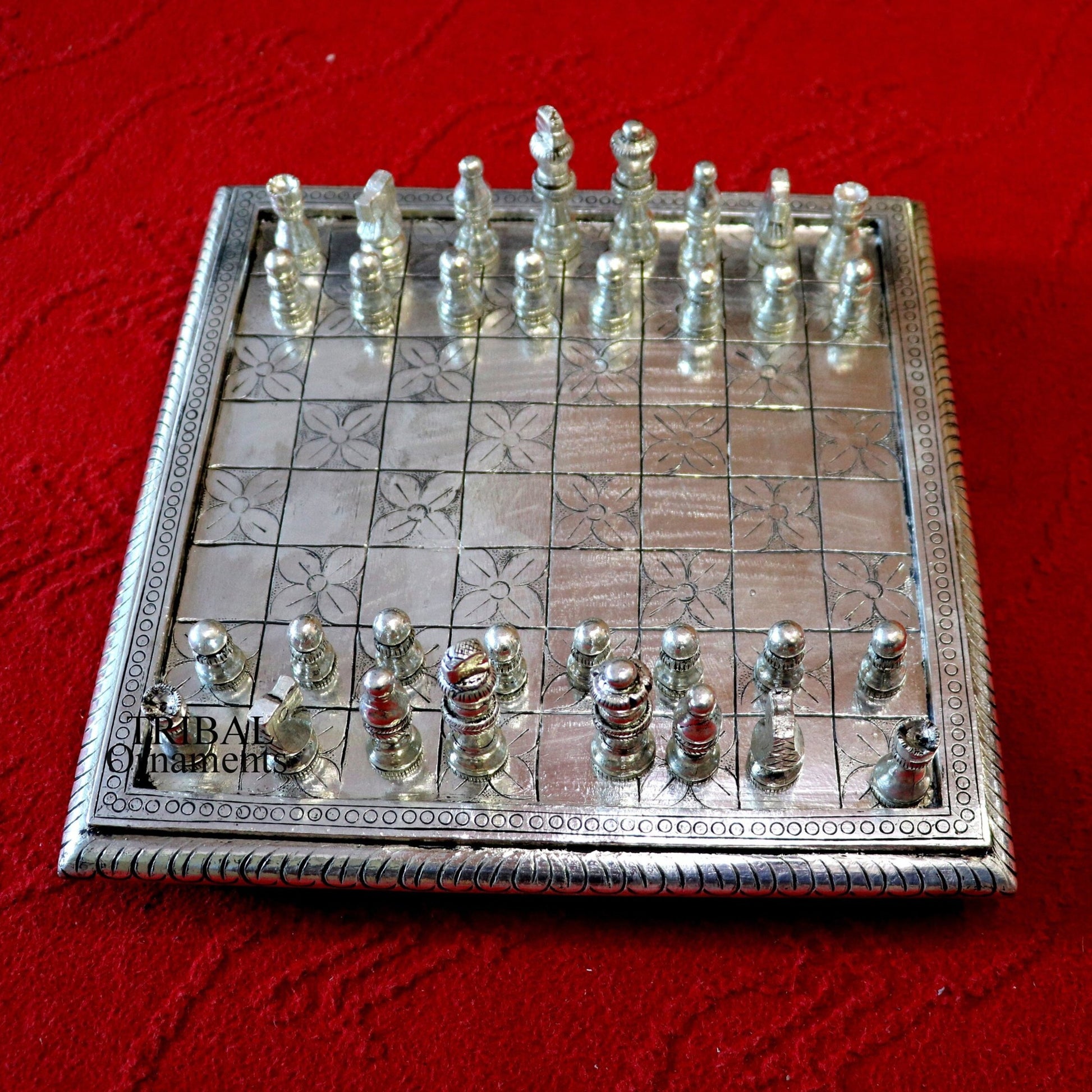 12" x 12" 925 sterling silver chessboard, Amazing customized handcrafted design on wooden base, Amazing Royal silver gift article india sf10 - TRIBAL ORNAMENTS