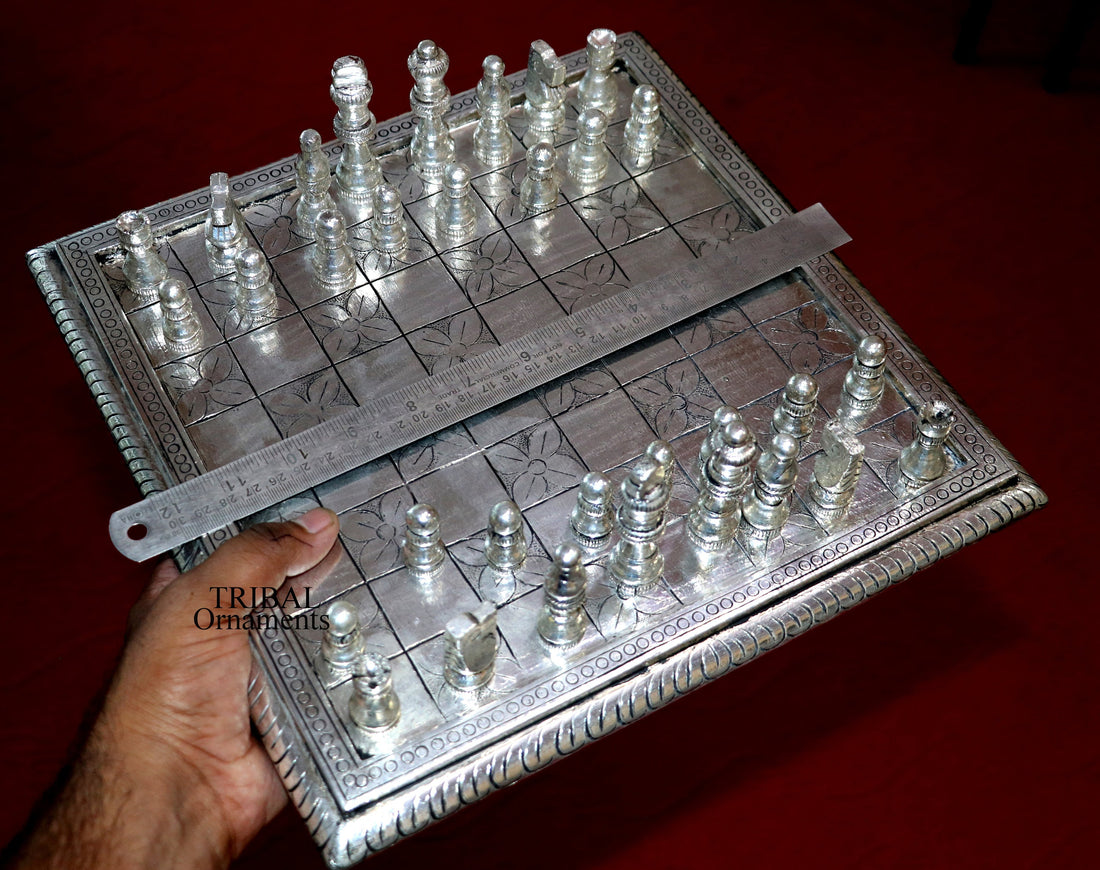 12" x 12" 925 sterling silver chessboard, Amazing customized handcrafted design on wooden base, Amazing Royal silver gift article india sf10 - TRIBAL ORNAMENTS