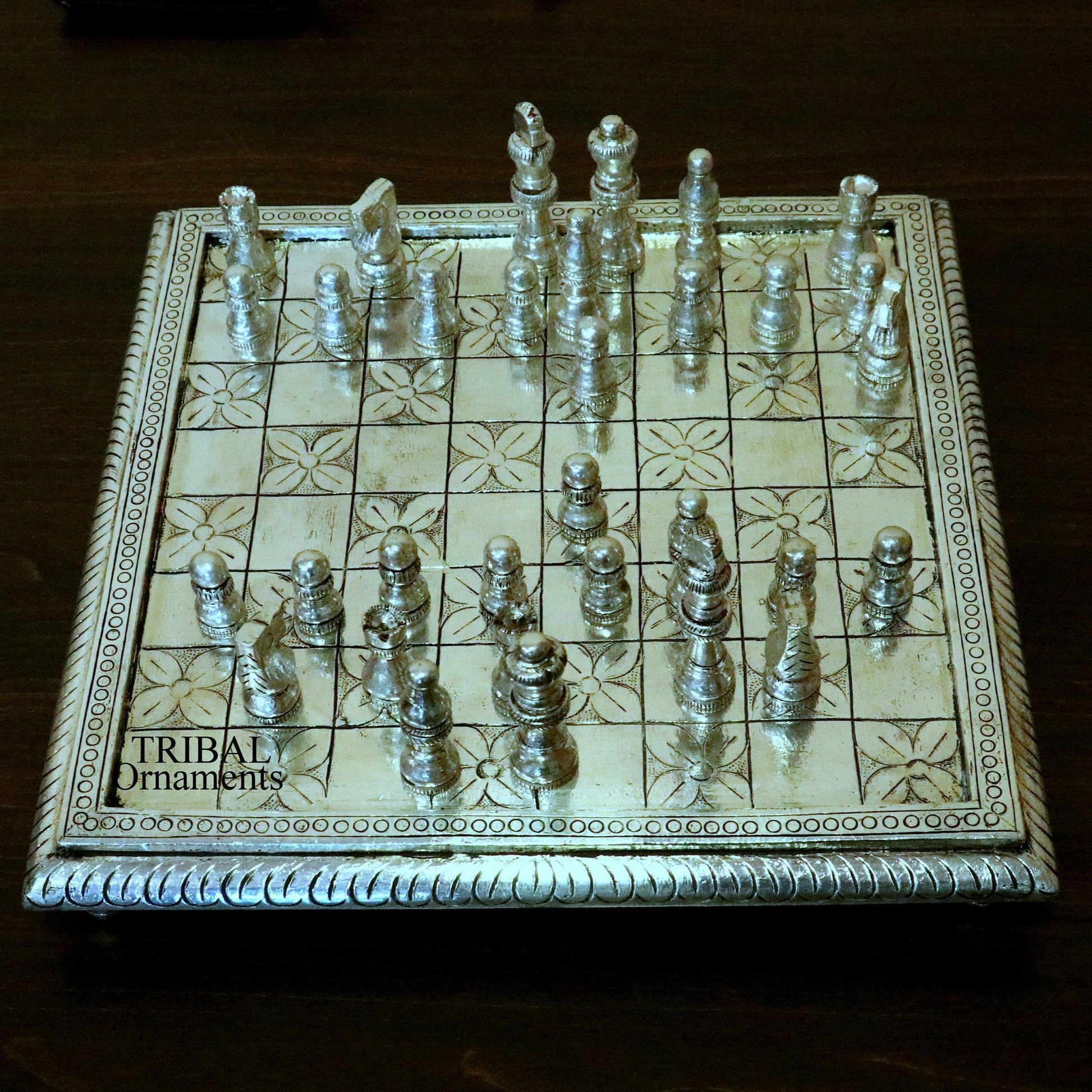 12" x 12" 925 sterling silver chessboard, Amazing customized handcrafted design on wooden base, Amazing Royal silver gift article india sf10 - TRIBAL ORNAMENTS