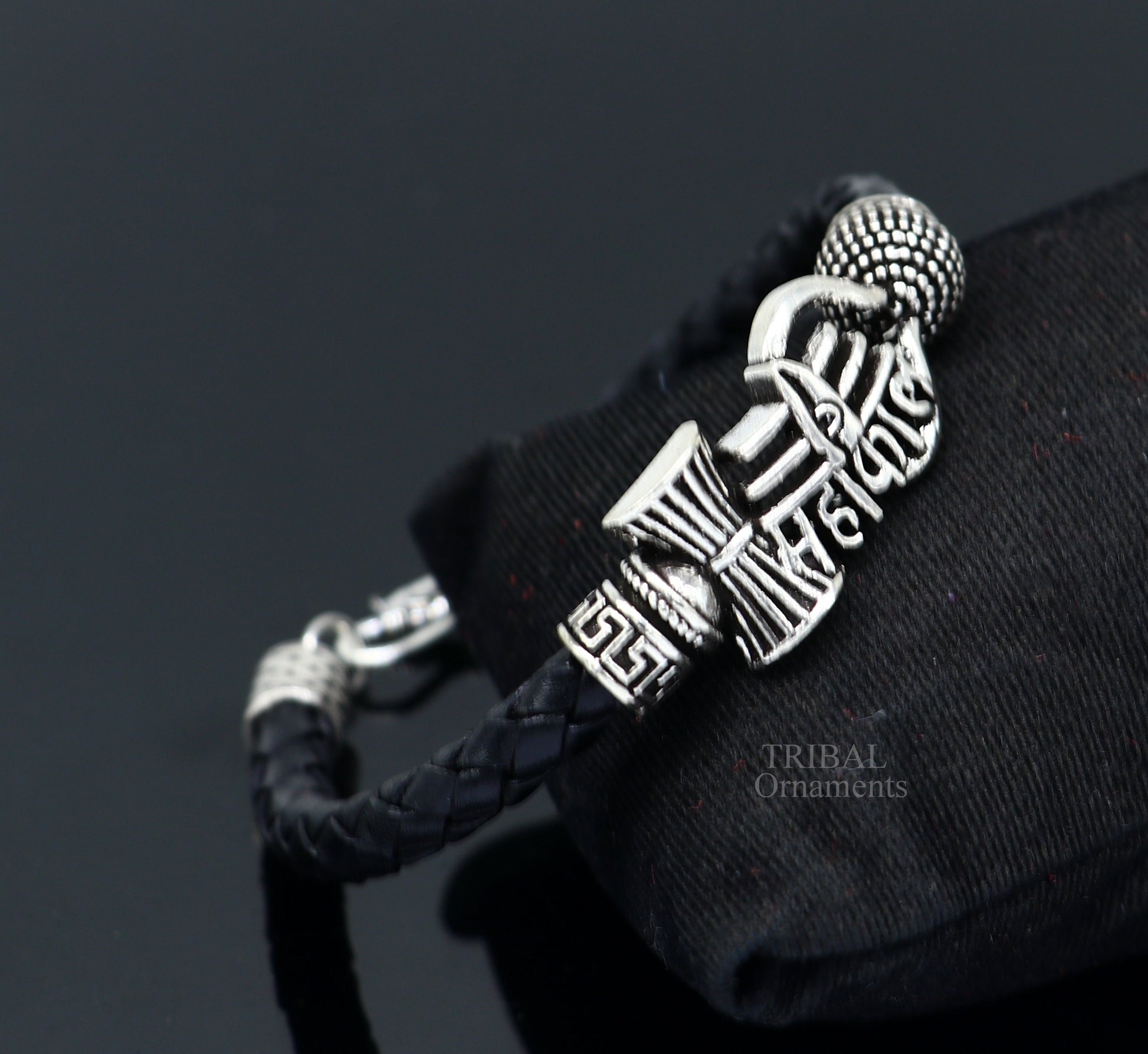 9" long 925 sterling silver customized design lord Shiva Mahakal bracelet, leather belt trident shiva bracelet best gift for him Rnsbr584 - TRIBAL ORNAMENTS