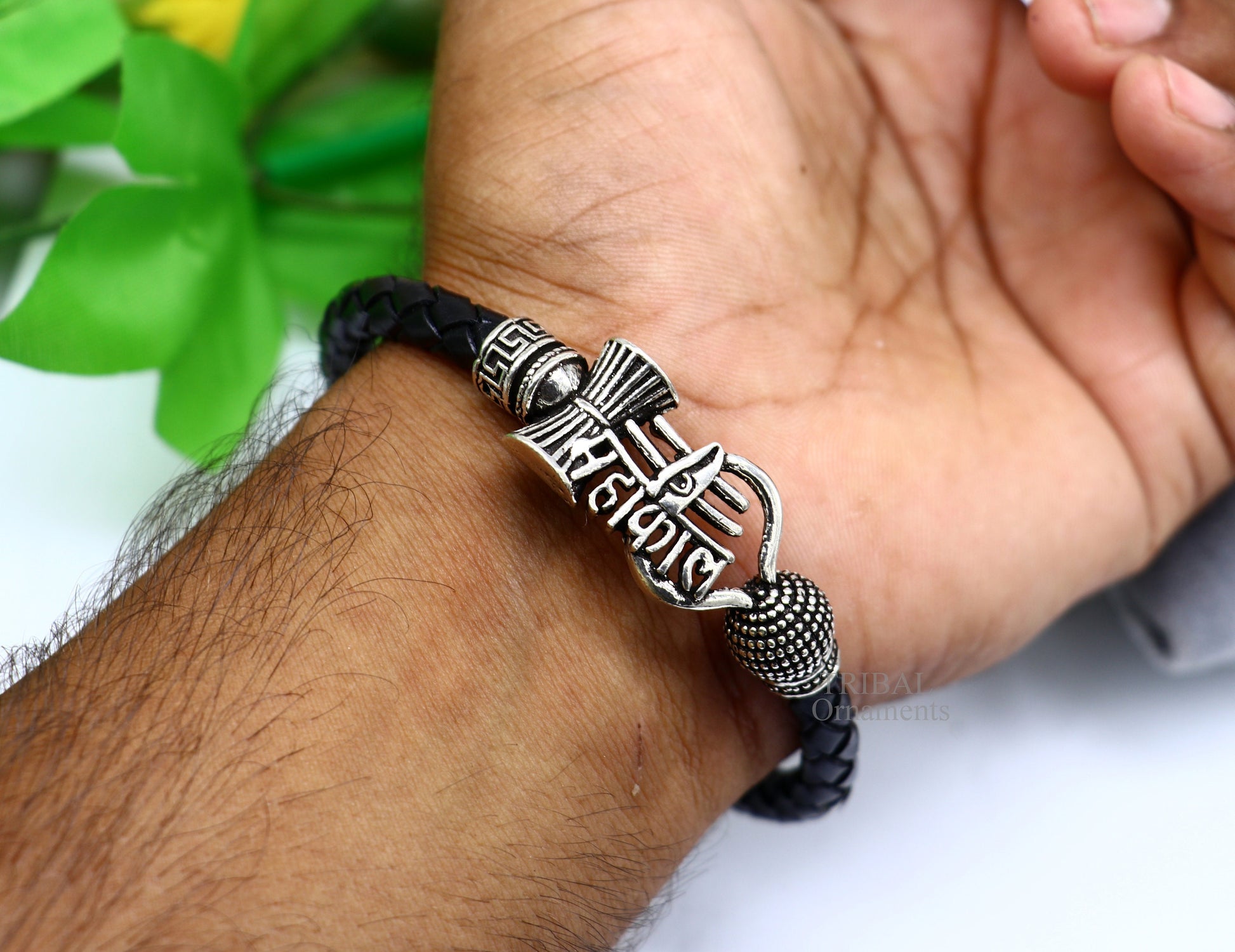9" long 925 sterling silver customized design lord Shiva Mahakal bracelet, leather belt trident shiva bracelet best gift for him Rnsbr584 - TRIBAL ORNAMENTS