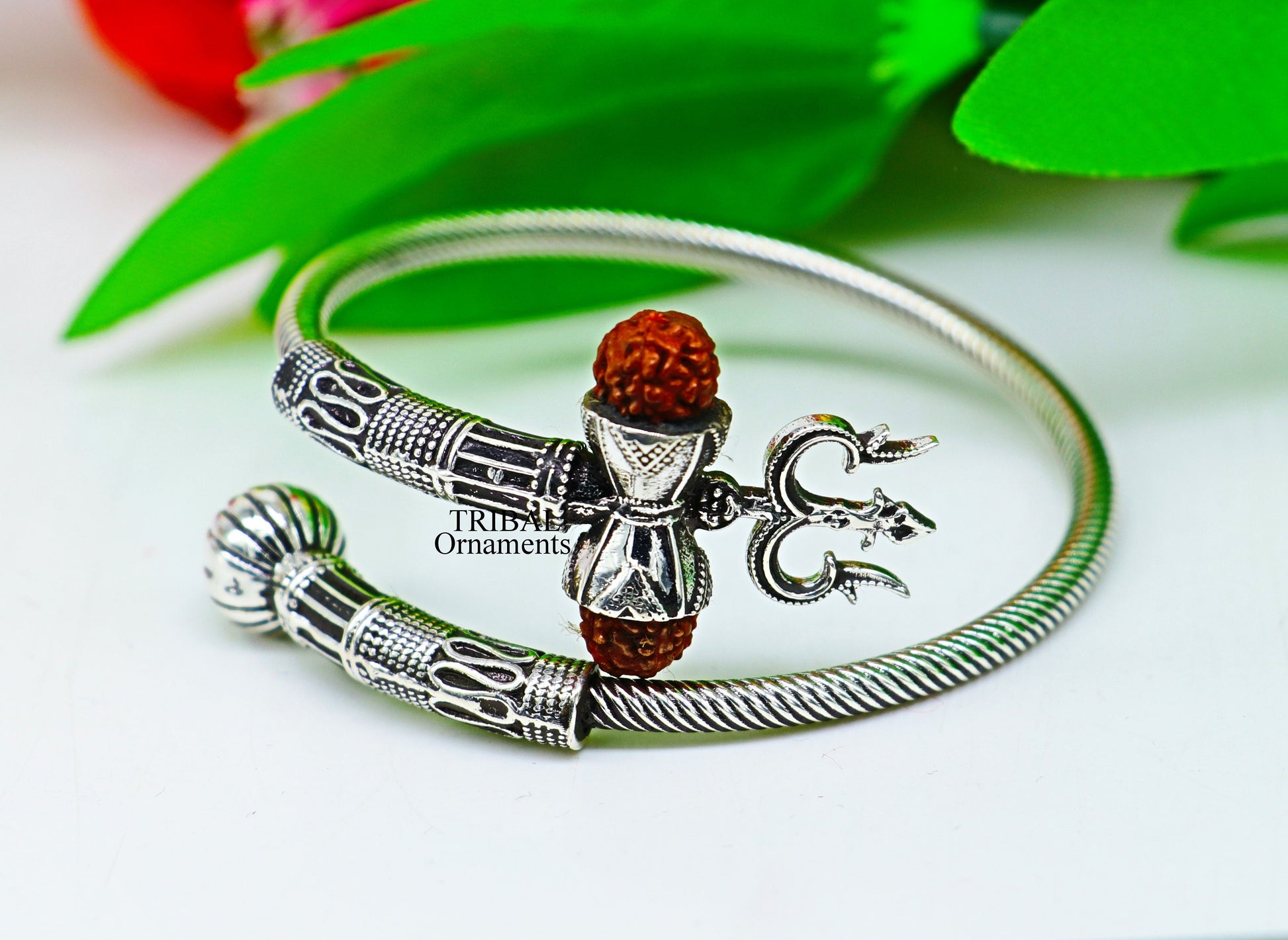 925 sterling silver Lord shiva trident trishool kada bangle bracelet with fabulous natural rudraksha  antique jewelry nsk485 - TRIBAL ORNAMENTS