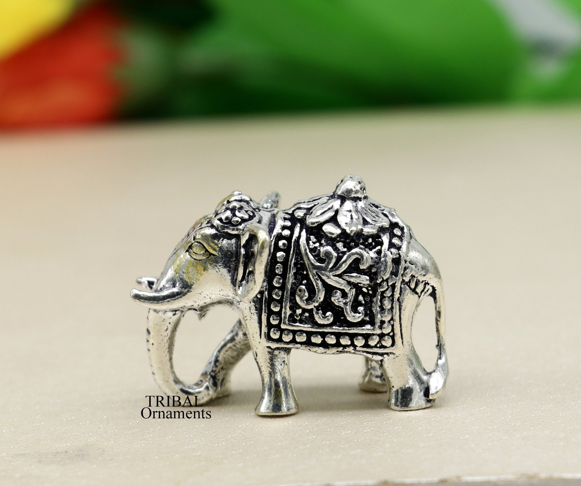 Solid 925 Sterling silver Kandrai work floral design customized Elephant statue, puja article figurine for wealth and prosperity art498 - TRIBAL ORNAMENTS