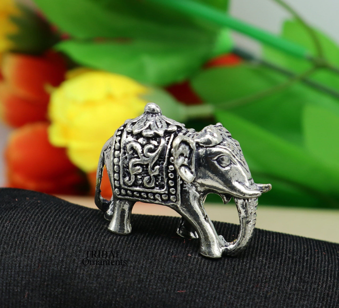 Solid 925 Sterling silver Kandrai work floral design customized Elephant statue, puja article figurine for wealth and prosperity art498 - TRIBAL ORNAMENTS