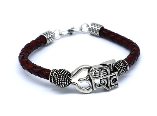 9" long 925 sterling silver customized design lord Shiva Mahadeva bracelet, leather belt trident shiva bracelet best gift for him Rnsbr587 - TRIBAL ORNAMENTS