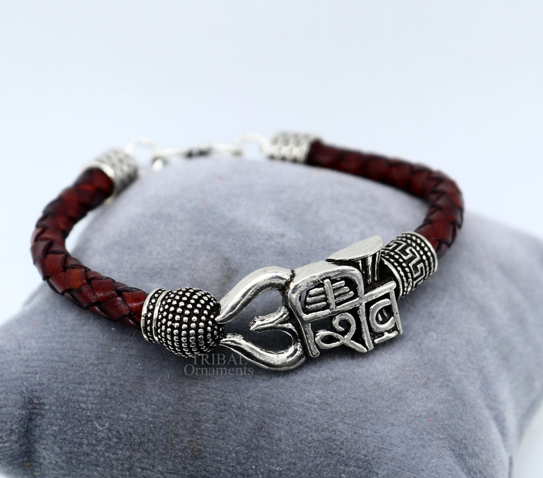 9" long 925 sterling silver customized design lord Shiva Mahadeva bracelet, leather belt trident shiva bracelet best gift for him Rnsbr587 - TRIBAL ORNAMENTS