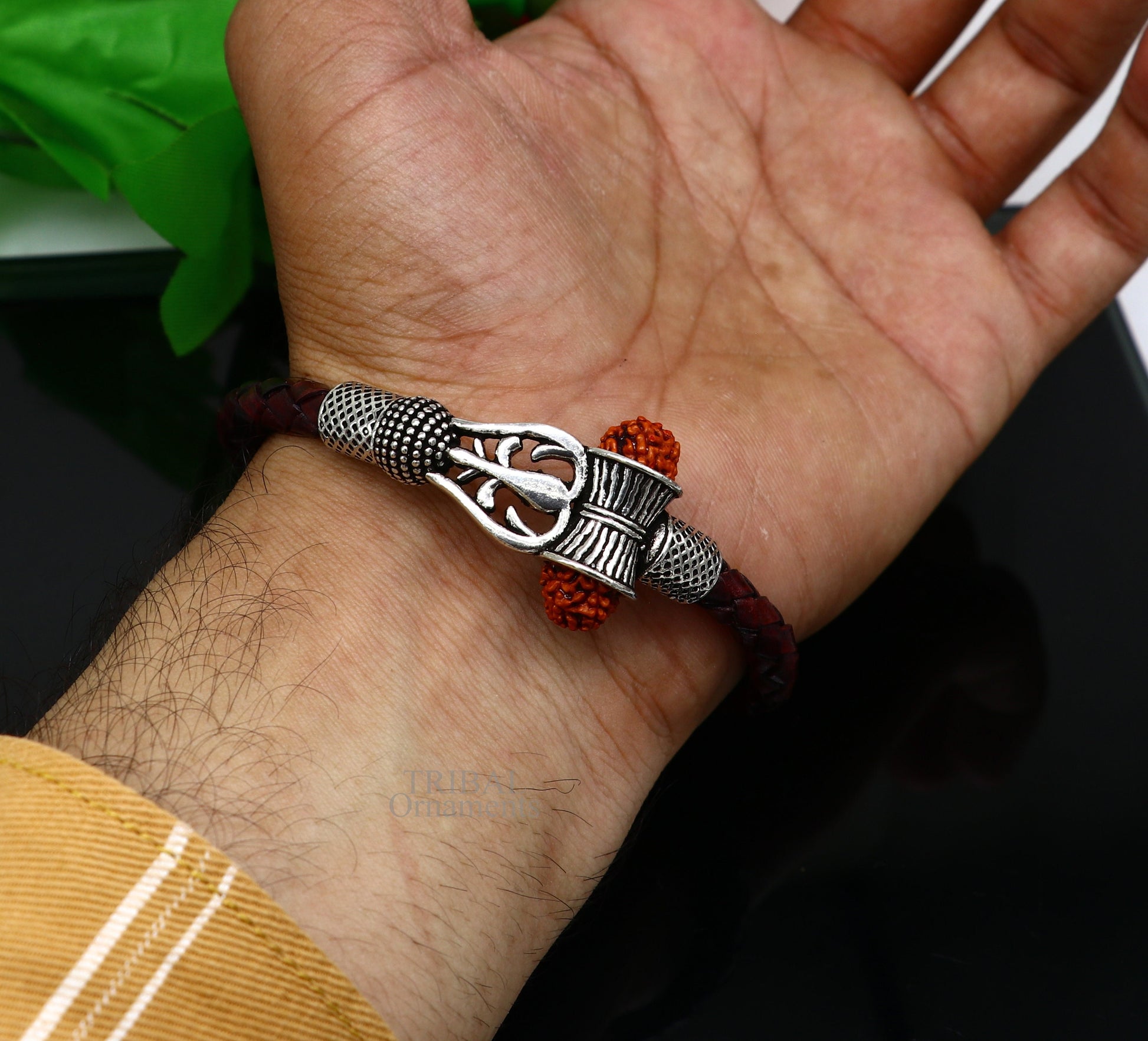 925 sterling silver customized trident design lord Shiva rudraksha bracelet, leather belt trident shiva bracelet best gift for him Rnsbr593 - TRIBAL ORNAMENTS