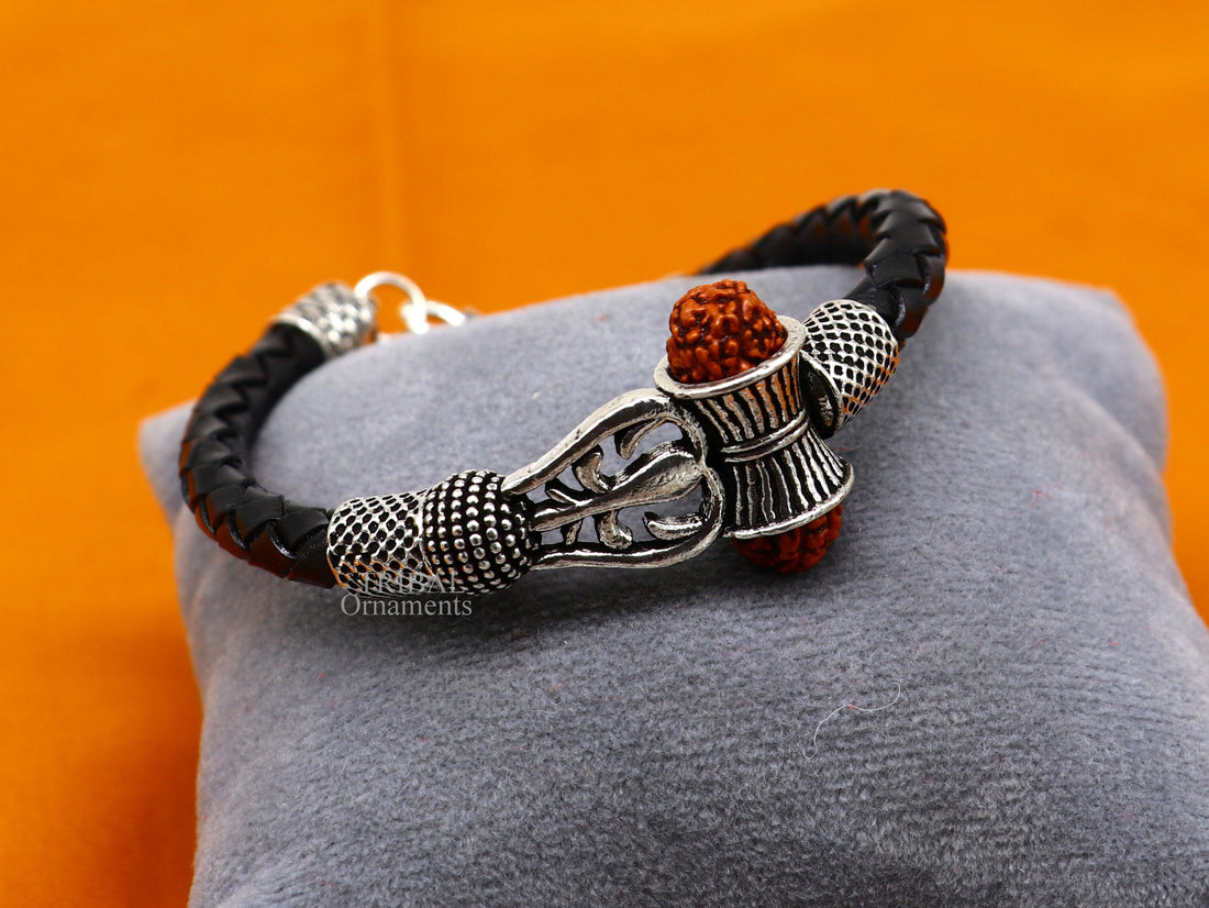 925 sterling silver customized trident design lord Shiva rudraksha bracelet, leather belt trident shiva bracelet best gift for him Rnsbr600 - TRIBAL ORNAMENTS